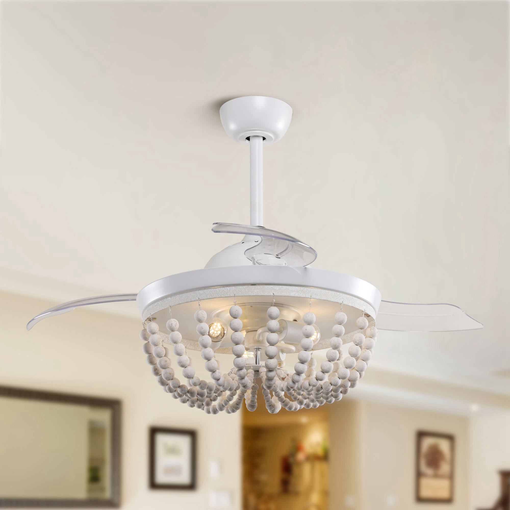 thumbnail video image 2 of Boho Retractable Ceiling Fan with Light and Remote Control 3 Blades 42 inch, White, 2 of 13