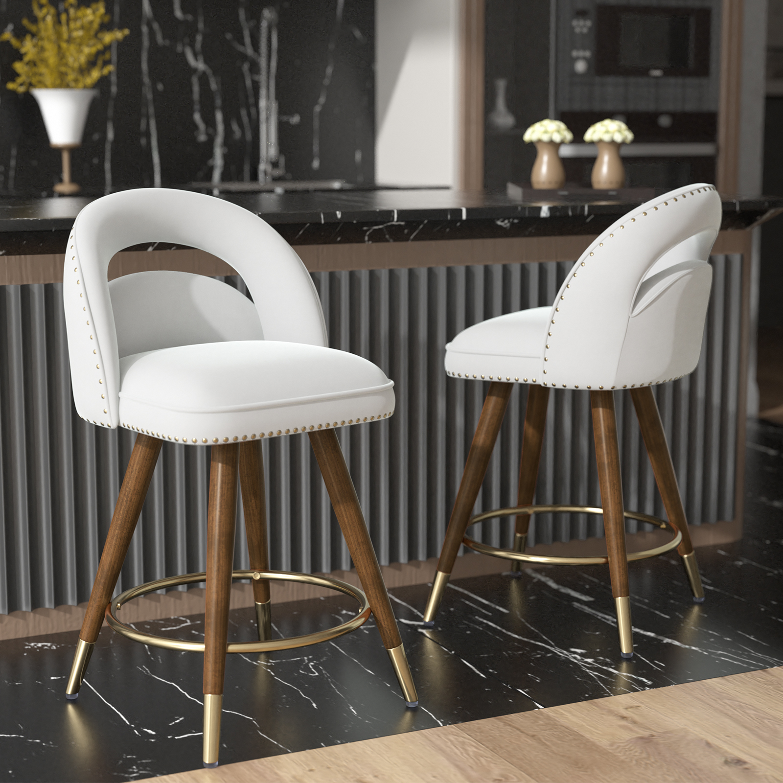 thumbnail video image 2 of Ninecer 24" Counter Height Swivel Bar Stool Set of 2, Cream Velvet Upholstered Bar Stool with Back, Gold-Tipped Wood Legs, Thick Cushion Seat and Footrest, Modern Stool for Home Kitchen Island, 2 of 9
