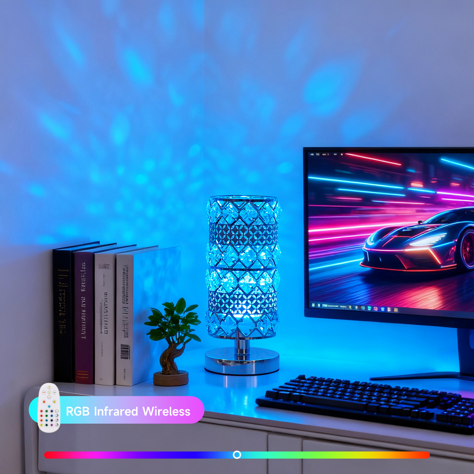 thumbnail video image 2 of Crystal Table Lamp with Rechargeable RGB Bulb, 15 Color Modes, Remote Control Ambient Light for Bedroom, Living Room, Bar and Nightstand, 2 of 14