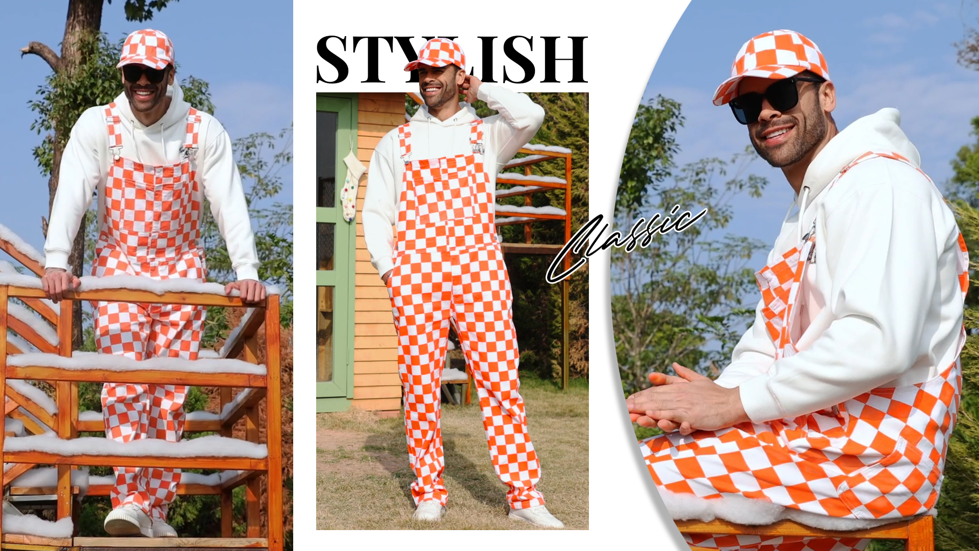 thumbnail video image 2 of Overalls for Men Checkered Jumpsuits Stretchy Rompers Work Bibs Coveralls(Orange and White Checkered,L), 2 of 11