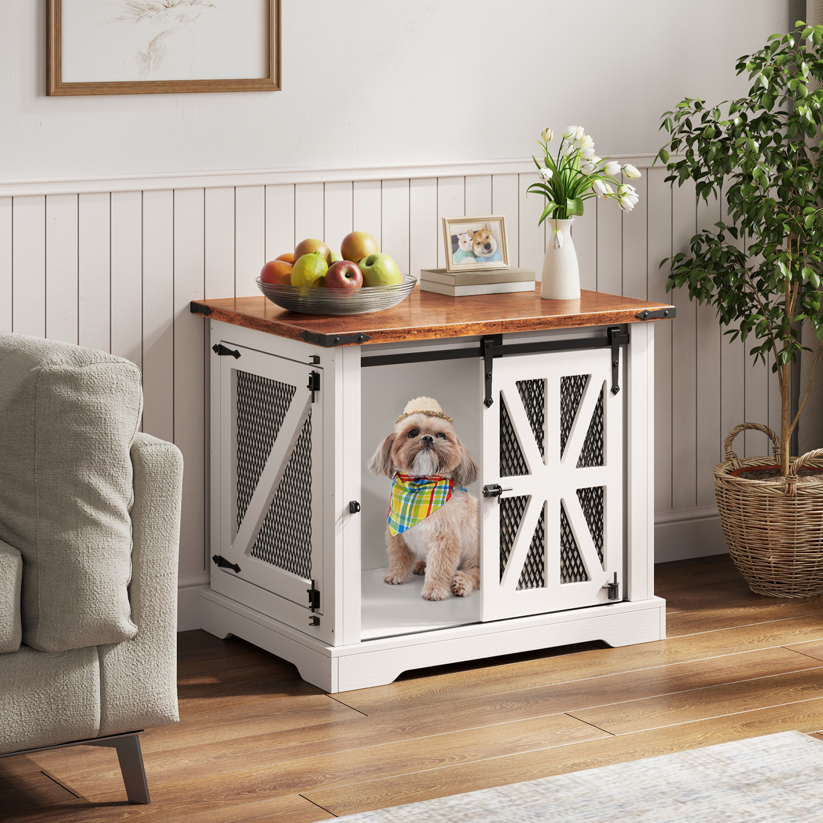thumbnail video image 2 of Flycity 27.5" Farmhouse Dog Crate Furniture with Sliding Door for Puppy, Wooden Dog Kennel Indoor with 3 Doors, Decorative Pet House End Table for Living Room, White, 2 of 8