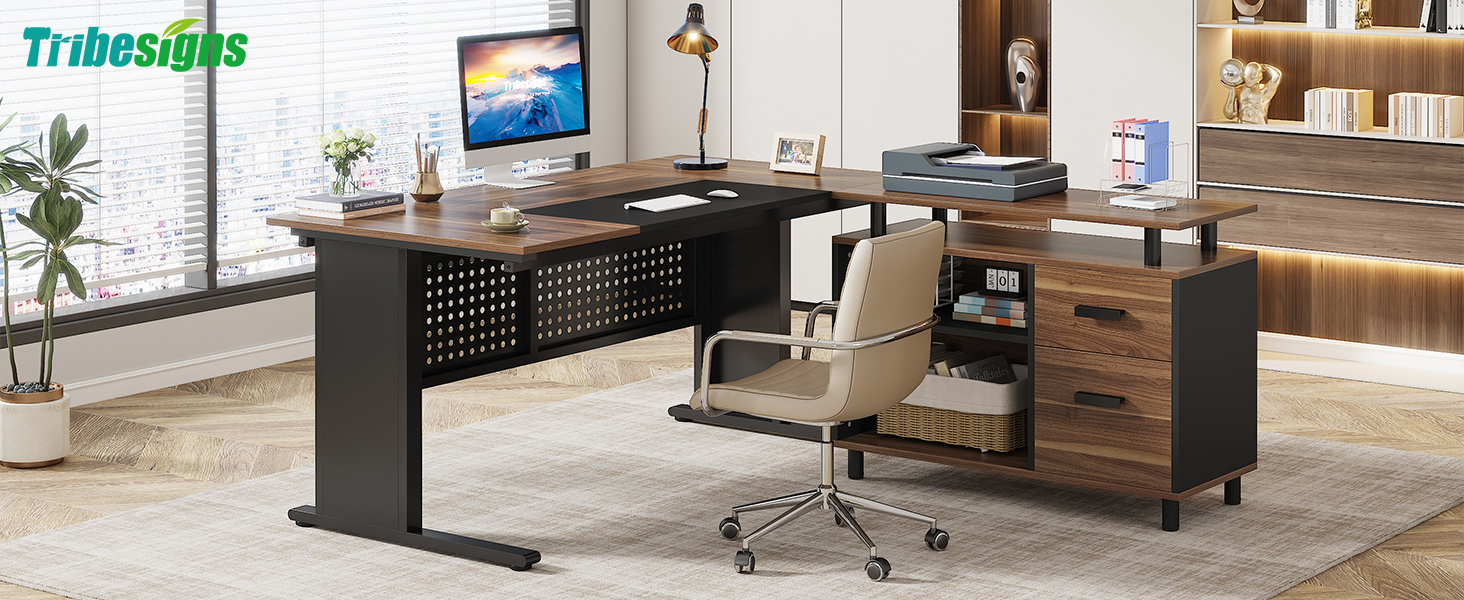 thumbnail video image 2 of Tribesigns 63 Inch Executive Desk with File Cabinet, L Shaped Computer Desk with Drawers and Storage Shelves, Large Office Desk Business Furniture Desk Workstation for Home Office, Walnut and White, 2 of 8