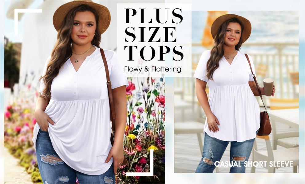 thumbnail video image 2 of PINKSIR Plus Size Short Sleeve Henley Shirt for Women Flowy Tunic Tops Loose Fit Pleated Swing Blouse Mauve 1X-5X, 2 of 7