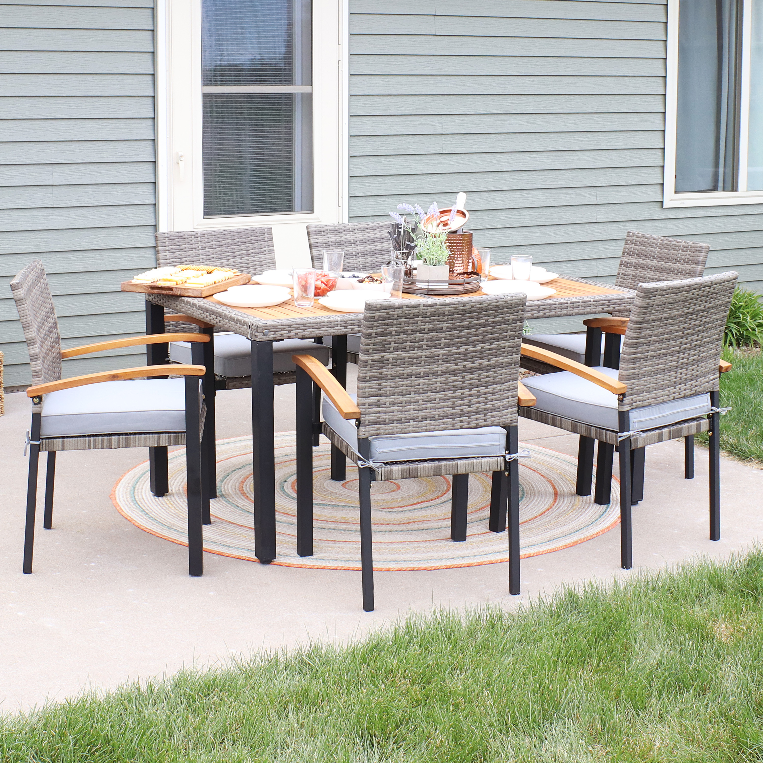 thumbnail video image 2 of Sunnydaze Carlow 7-Piece Resin Wicker Patio Dining Set with Cushions, Black/Gray, 2 of 8