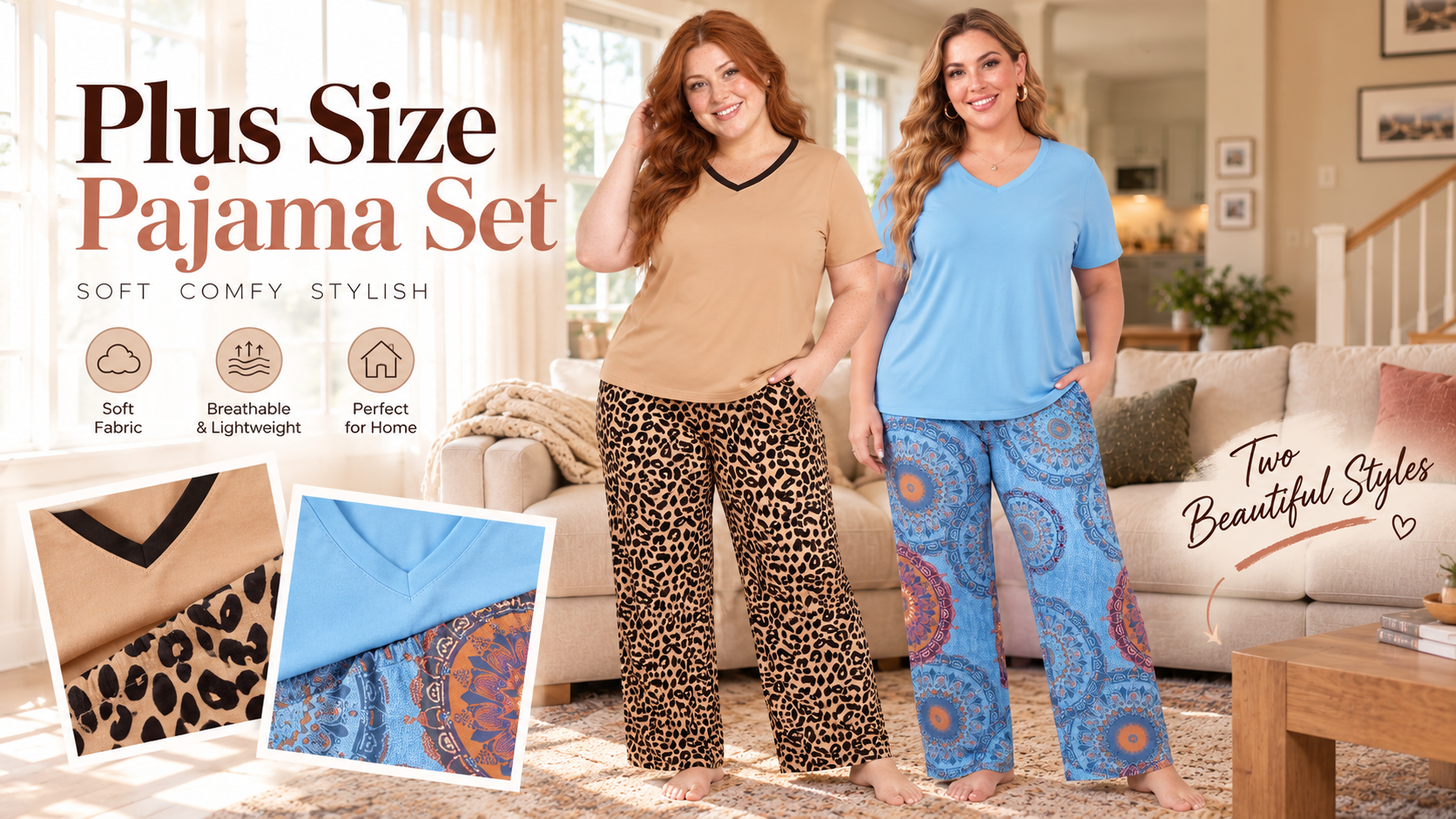 thumbnail video image 2 of PINKSIR Women’s Plus Size Pajama Sets Short Sleeve with Long Pant Soft Sleepwear Printed Loungewear With TWO Pockets Size 1X to 5X, 2 of 9