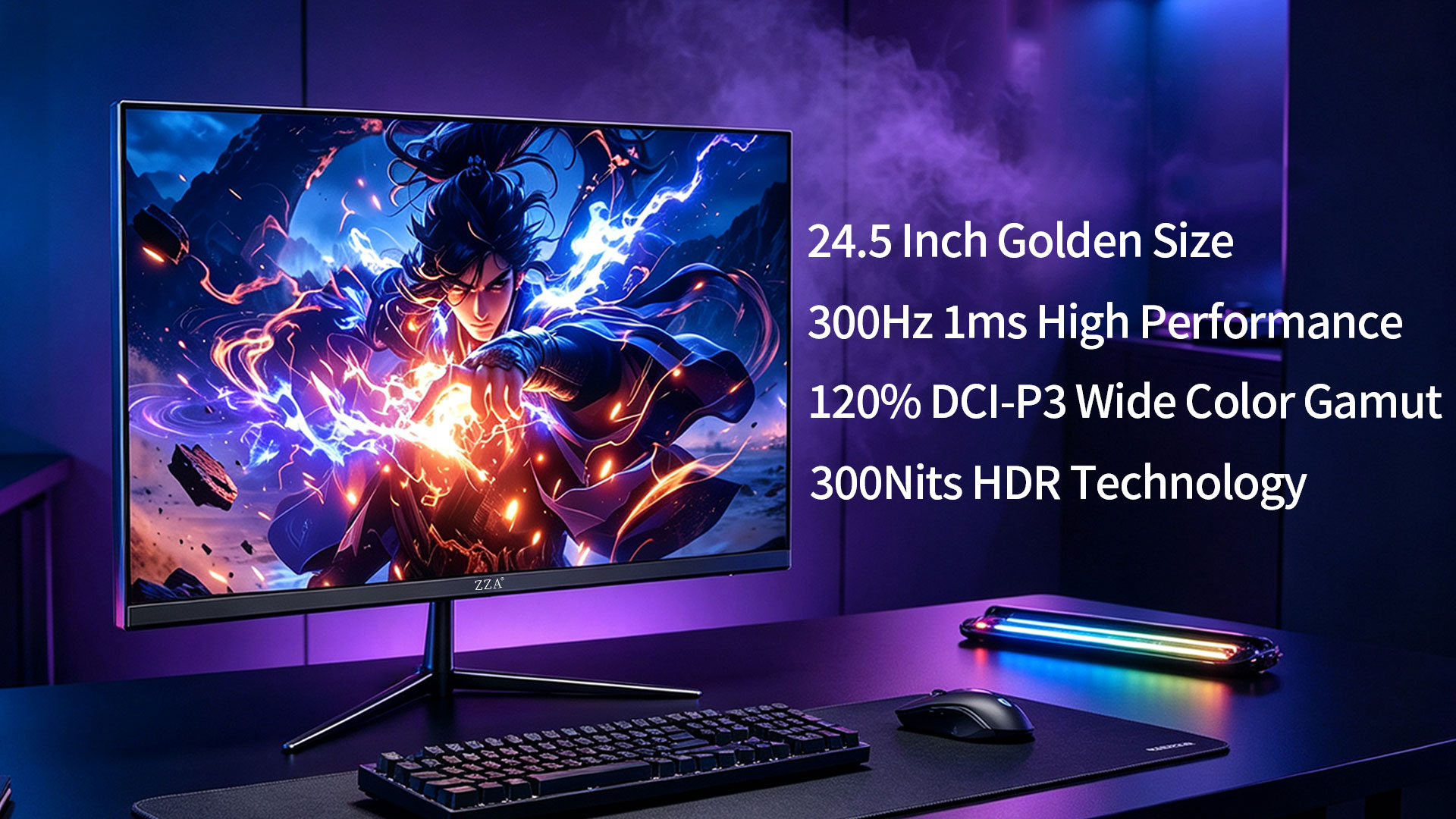 thumbnail video image 2 of ZZA 24.5 Inch 300Hz Gaming Monitor, FHD 1080P IPS Display, 1ms MPRT, AMD FreeSync, PC Monitor,HDR Support, VESA Mount Compatible, 2 of 10
