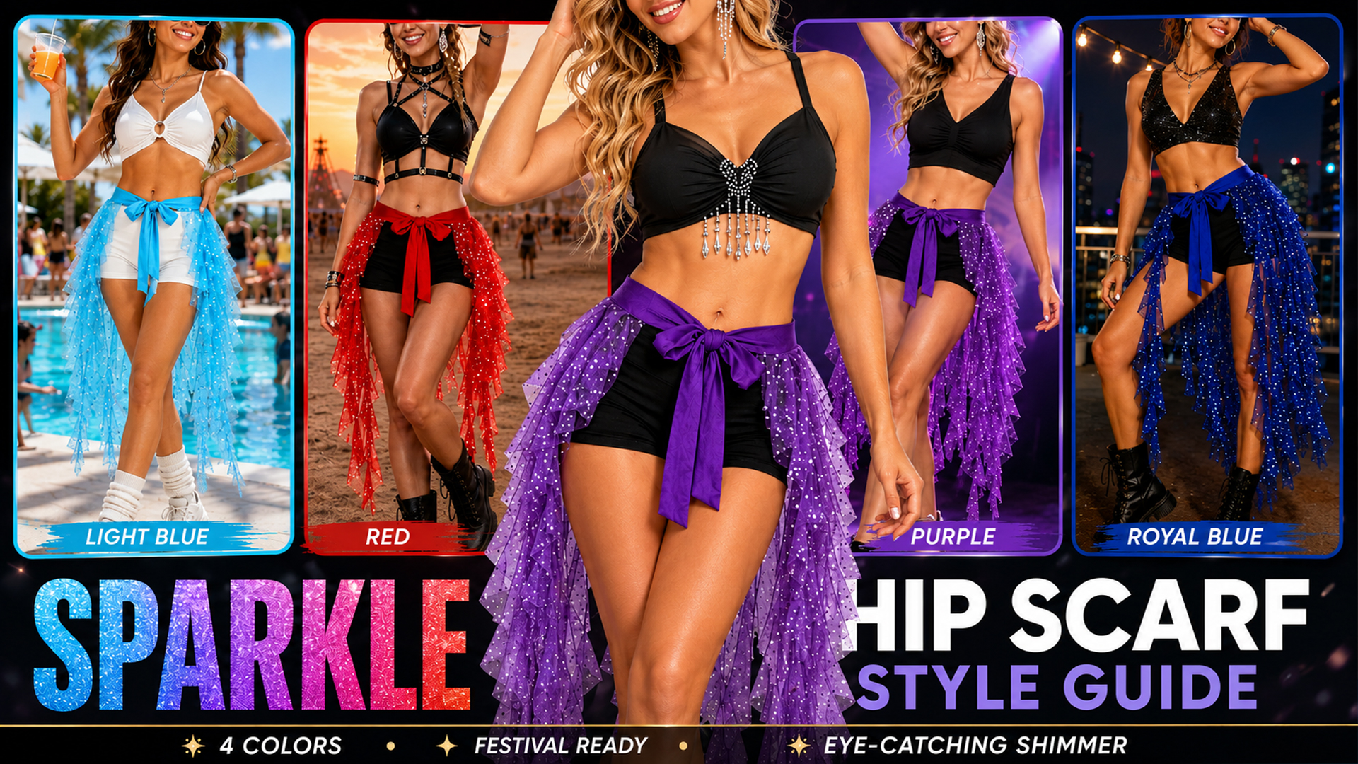 thumbnail video image 2 of FEOYA Sequin Belly Dance Skirt for Women Layered Tulle Hip Wrap Tassel Waist Belt for Latin Dance Rave Party Performance Red, 2 of 7