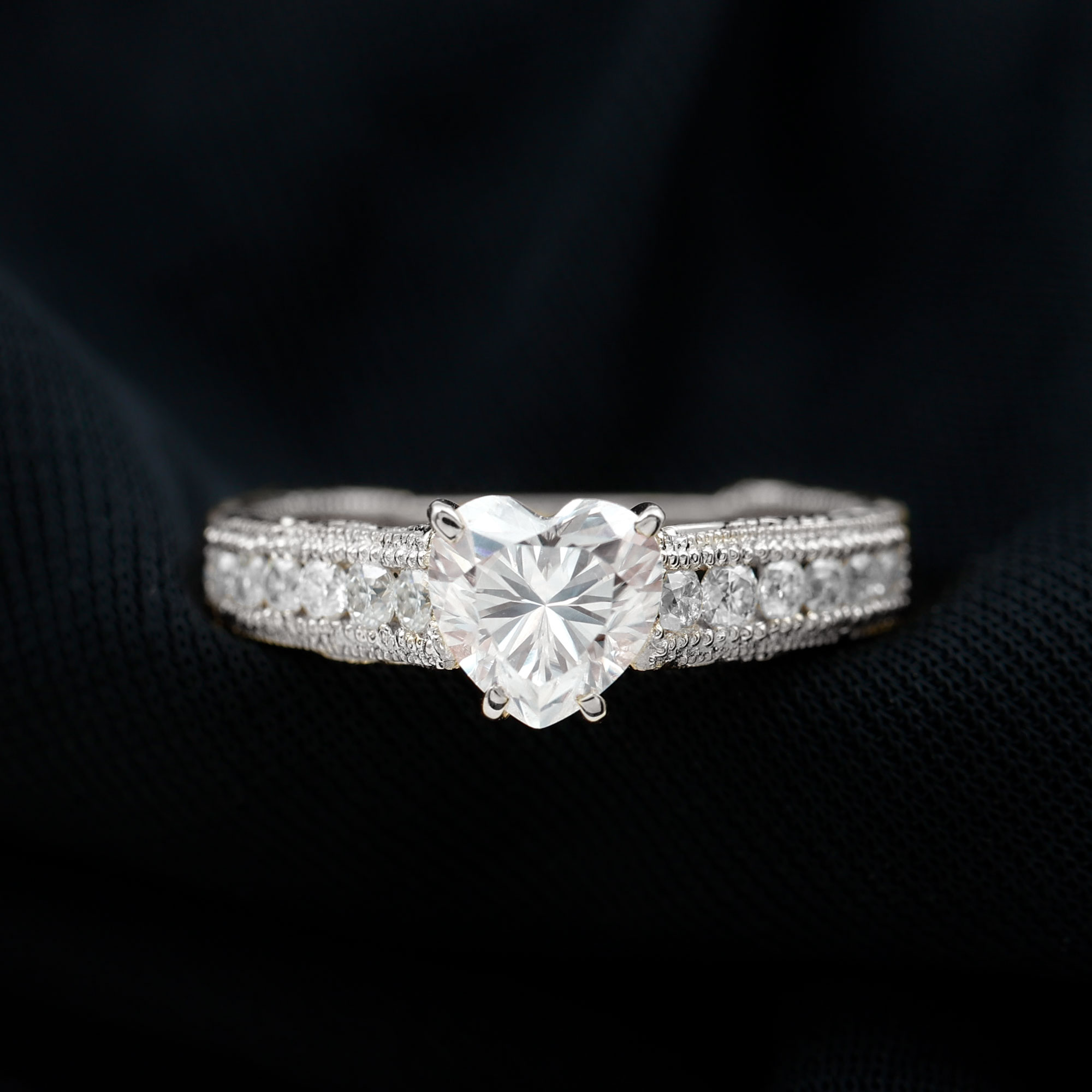 thumbnail video image 2 of Rosec Jewels Lab Diamond Heart Engagement Ring with Side Stones - Vintage Style 1 Ct Diamond Ring (7 mm, Ef-Vs Grade), 10K White Gold, US 12.50, 2 of 9