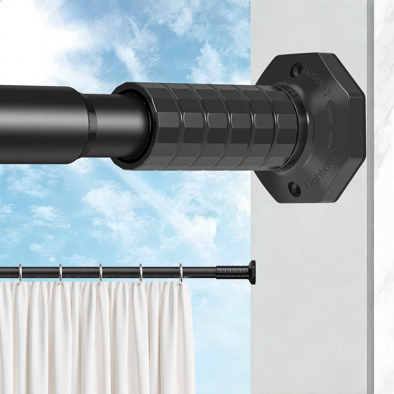 thumbnail video image 2 of VEGCOO Adjustable Tension Curtain Rod 45-109 Inches, Heavy Duty Spring Loaded Shower Curtain Rod, No Drill or Screw Fixed for Bathroom, Window, Patio, Black(without Bracket), 2 of 9