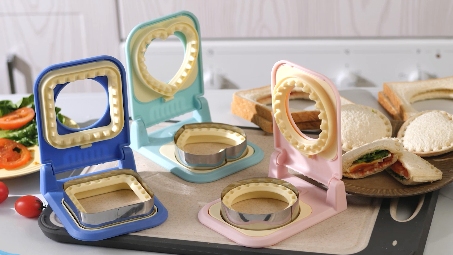 thumbnail video image 2 of Premium 3-in-1 Uncrustable Sandwich Maker - Heart/Round/Square Crustless Sandwich Cutter & Sealer for Kids' Lunch, Breakfast & Lunchboxes | BPA-Free Uncrustable Press（Pink）, 2 of 9
