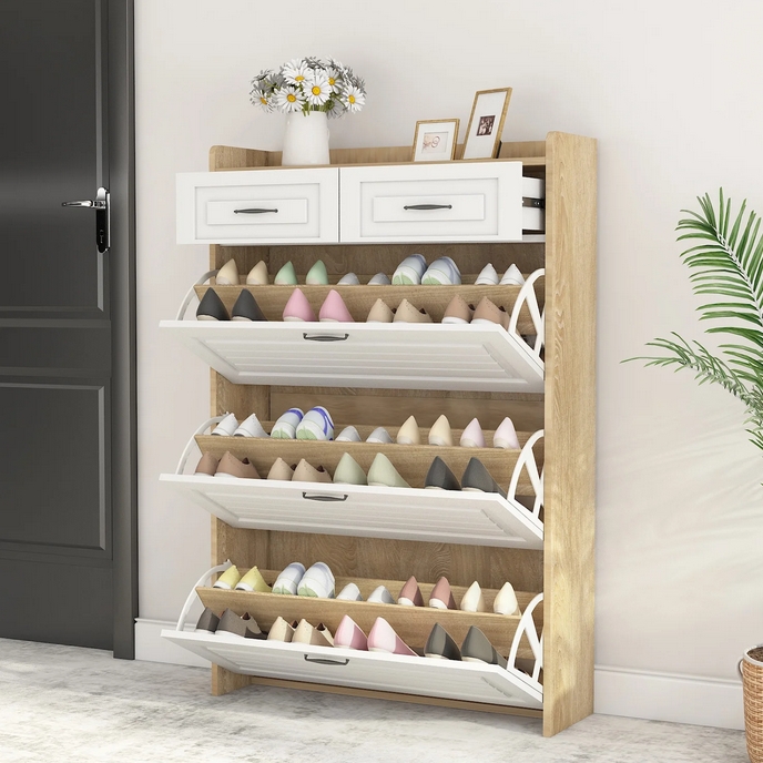 thumbnail video image 2 of Kadyn Shoe Rack with 3 Doors, Shoe Organizer, White & Oak Shoe Cabinet with 2 Drawers, Shoe Storage Cabinet for Living Room, Hallway, Entryway, 2 of 15