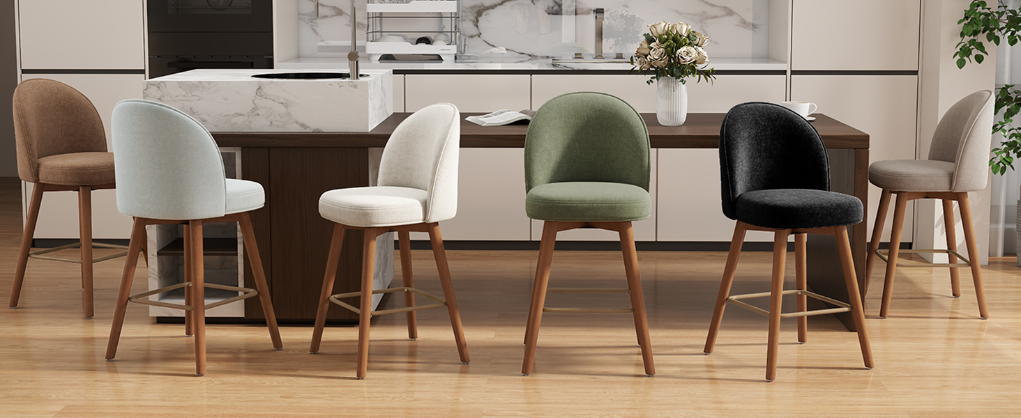 thumbnail video image 2 of Hawsaiy Modern Swivel Bar Stools Set of 3, 26" Counter Height Bar Stools with Back, Upholstered Chenille Bar Chairs, Solid Wood Legs Kitchen Island Stools with Footrest, Green, 2 of 13