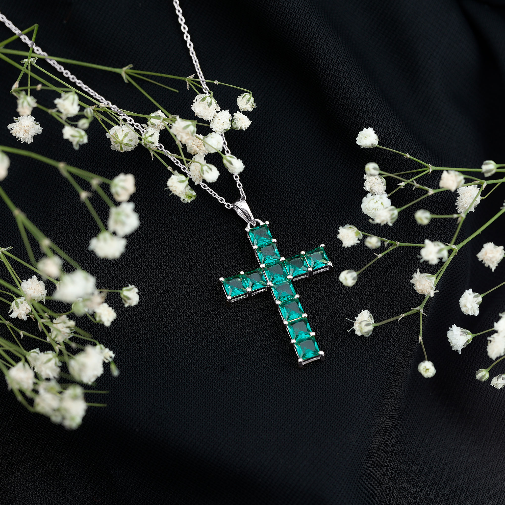 thumbnail video image 2 of Rosec Jewels Certified Lab Grown Emerald Cross Pendant with Chain - Religious Necklace - AAAA Grade - Ready to Gift for Christmas, 18K Yellow Gold, 2 of 6