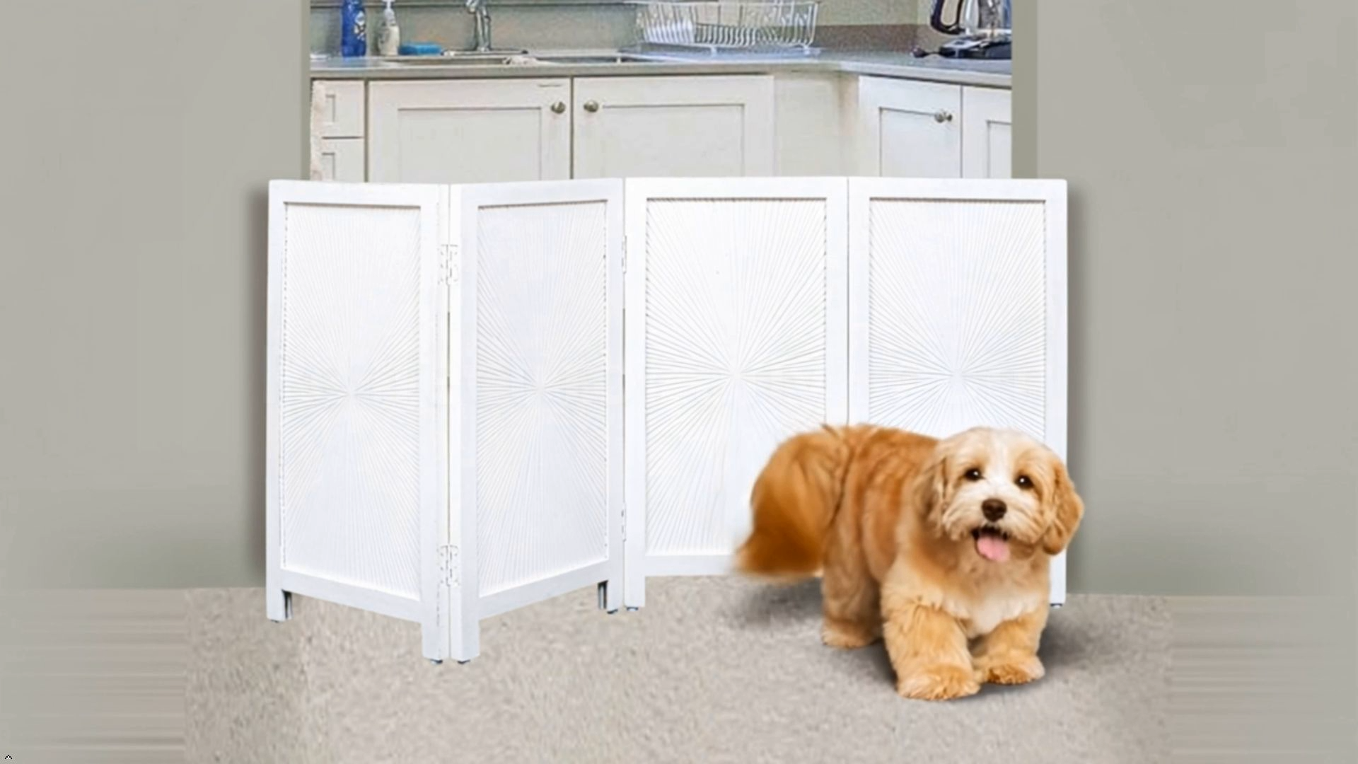 thumbnail video image 2 of Pet Gate Indoor Foldable in Raise Wood- 4 Panel Dog Safety Gate, 56" W x 28" H,Hand-Carved Solid Wood & MDF, Free Standing Portable Indoor Gate for Doorways,Halls,Stairs-Fully Assembled,Antique White, 2 of 6