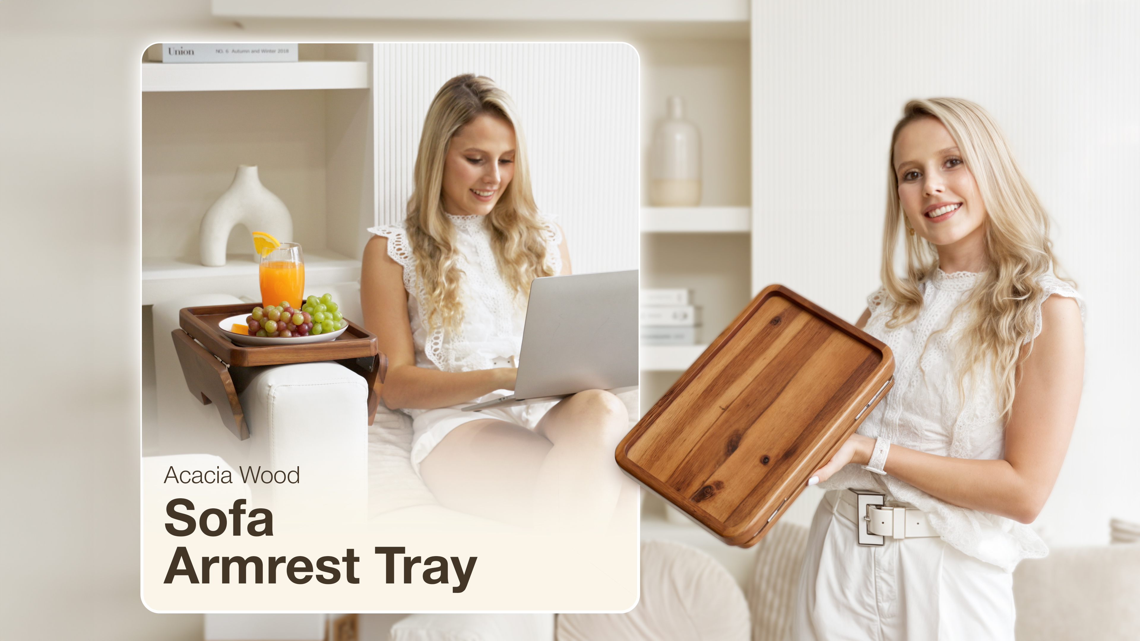 thumbnail video image 2 of TIDITA Acacia Wood Sofa Armrest Tray - 13.75 x 9.5in Double Hinge Sofa Arm Tray Table Clip - Couch Arm Table - Wooden Side Tables for Eating and Drink (Acacia, 13.75" D x 9.5" W x 2" H), 2 of 7