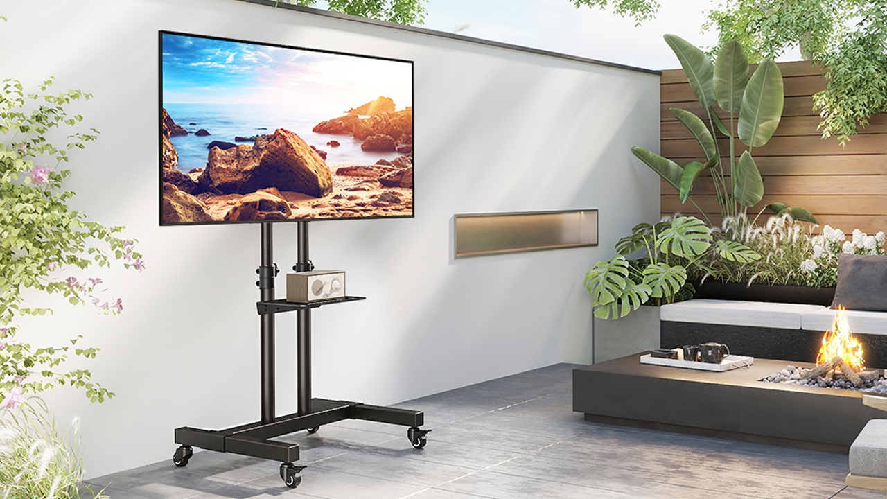 thumbnail video image 2 of RTVR Rolling Mobile TV Cart Stand with Wheels for 32-83 inch Flat Panel, Adjustable Tall Modern Floor TV Stand, Max VESA 600x400mm, 2 of 12