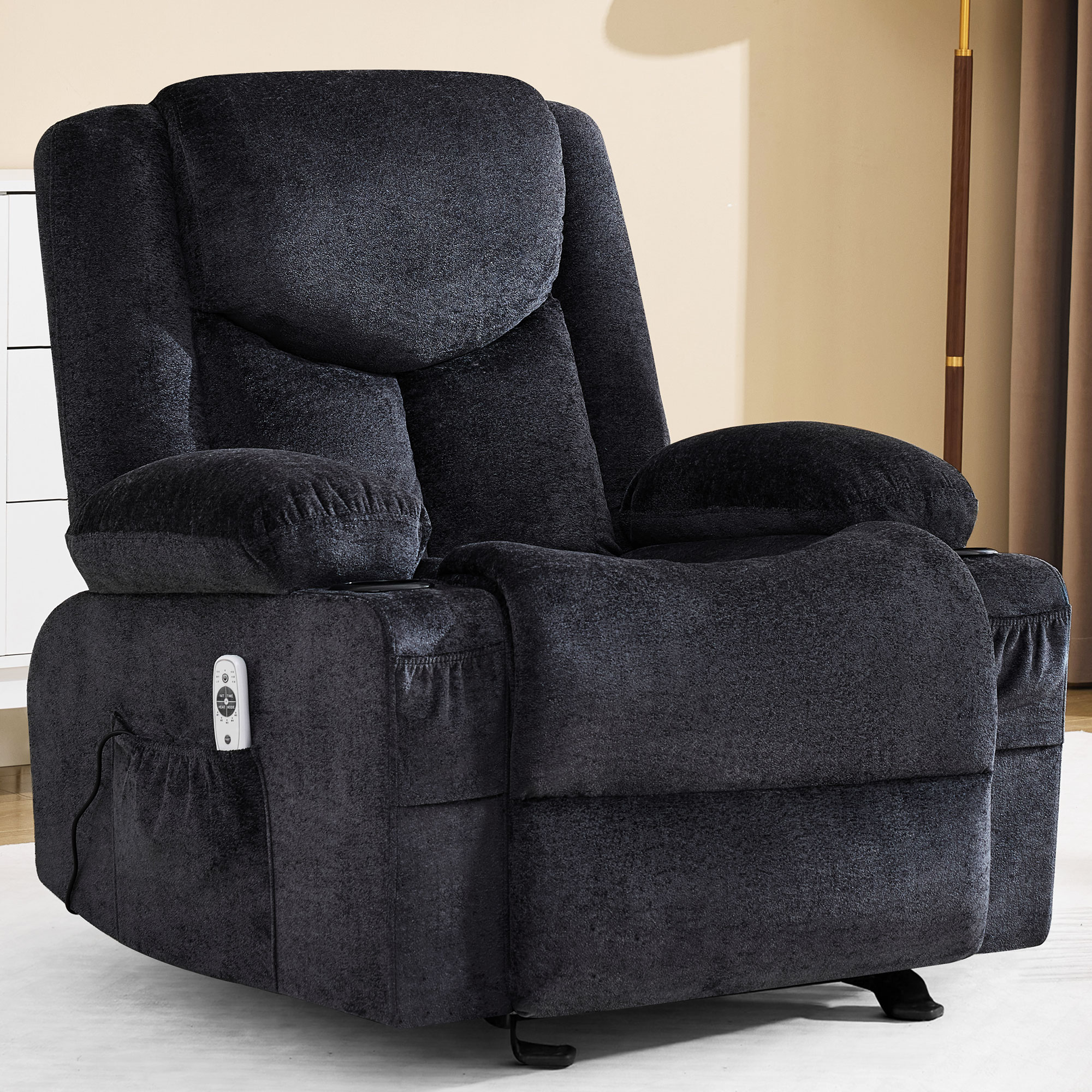 thumbnail video image 2 of JONPONY Manual Recliner Chair with Heat Therapy and Massage Function, Heavy Duty Reclining Mechanism Massage Chair, Elderly Single Rocker Sofa with Cup Holders for Bedroom Home Theater，Black, 2 of 11