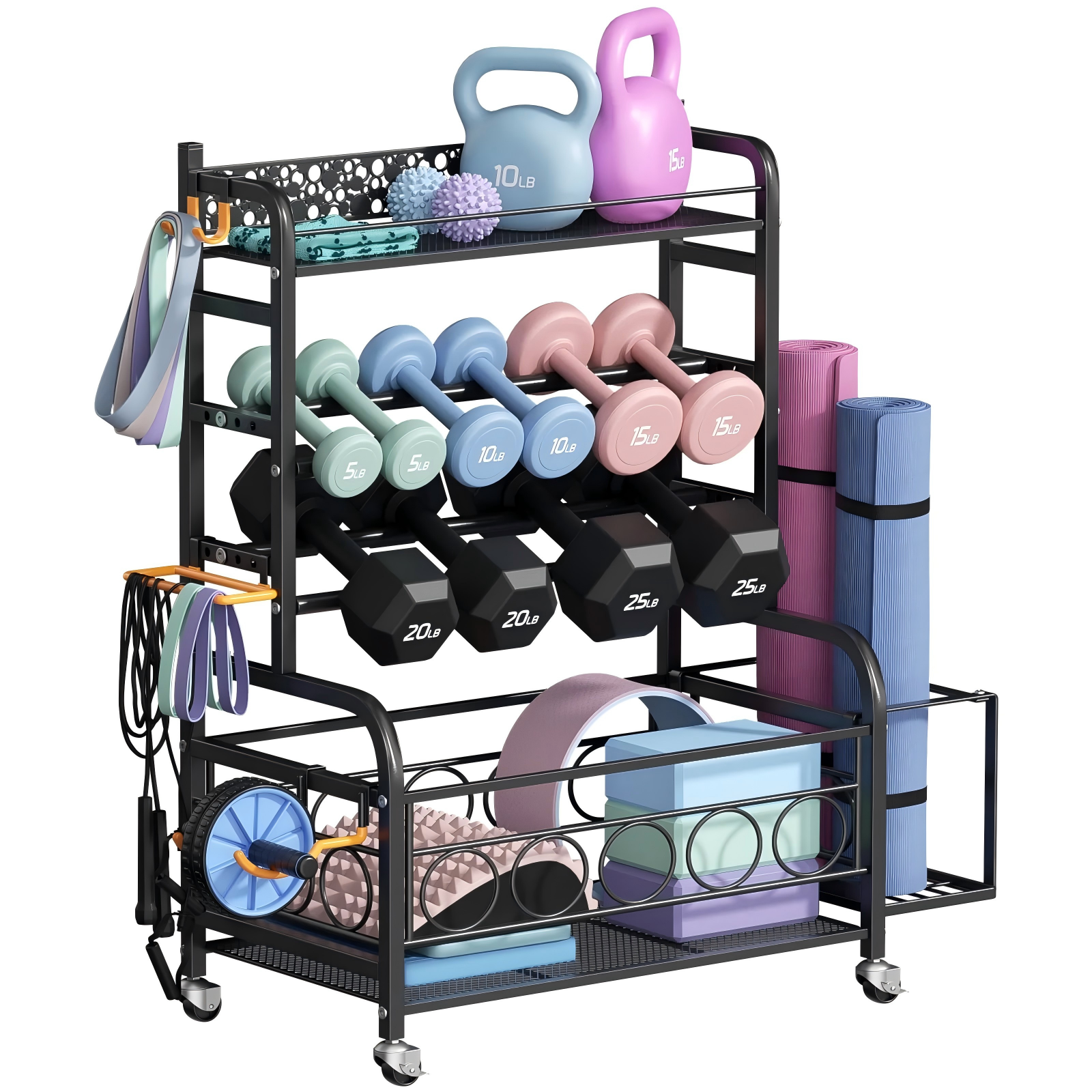 thumbnail video image 2 of Flycity Dumbbell Rack, Weight Rack for Dumbbells, Home Gym Storage for Dumbbells Kettlebells Yoga Mat and Balls, Weight Storage Holder Rack with Wheels and Hooks, 2 of 9