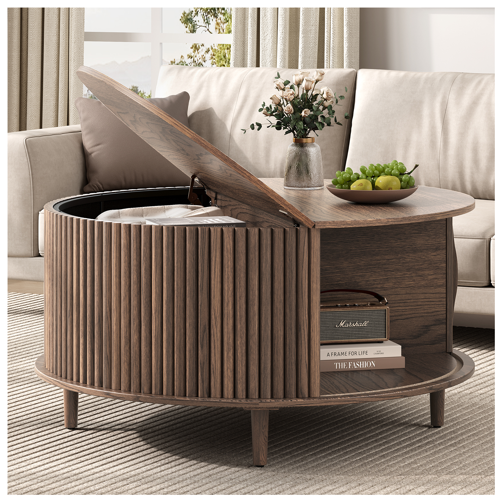 thumbnail video image 2 of JOINICE Round Coffee Table with Storage and Sliding Door,Mid Century Modern Wooden Center Table,for Living Room,Walnut, 2 of 11