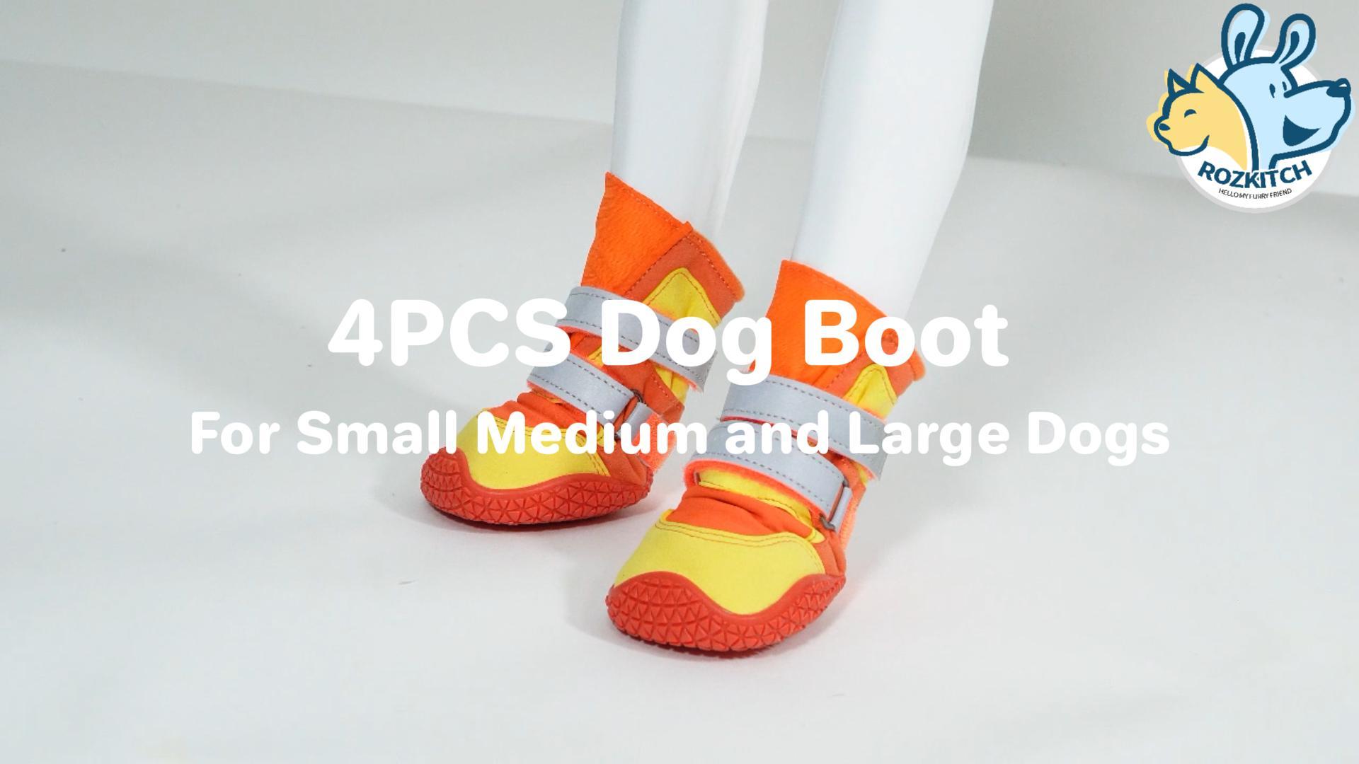 thumbnail video image 2 of ROZKITCH 4PCS Dog Boots,Anti-Slip Adjustable Small Dog Shoes for Hot Pavement Hardwood Floors Winter Snow Hiking with Reflective Straps,YellowOrange,#1, 2 of 9