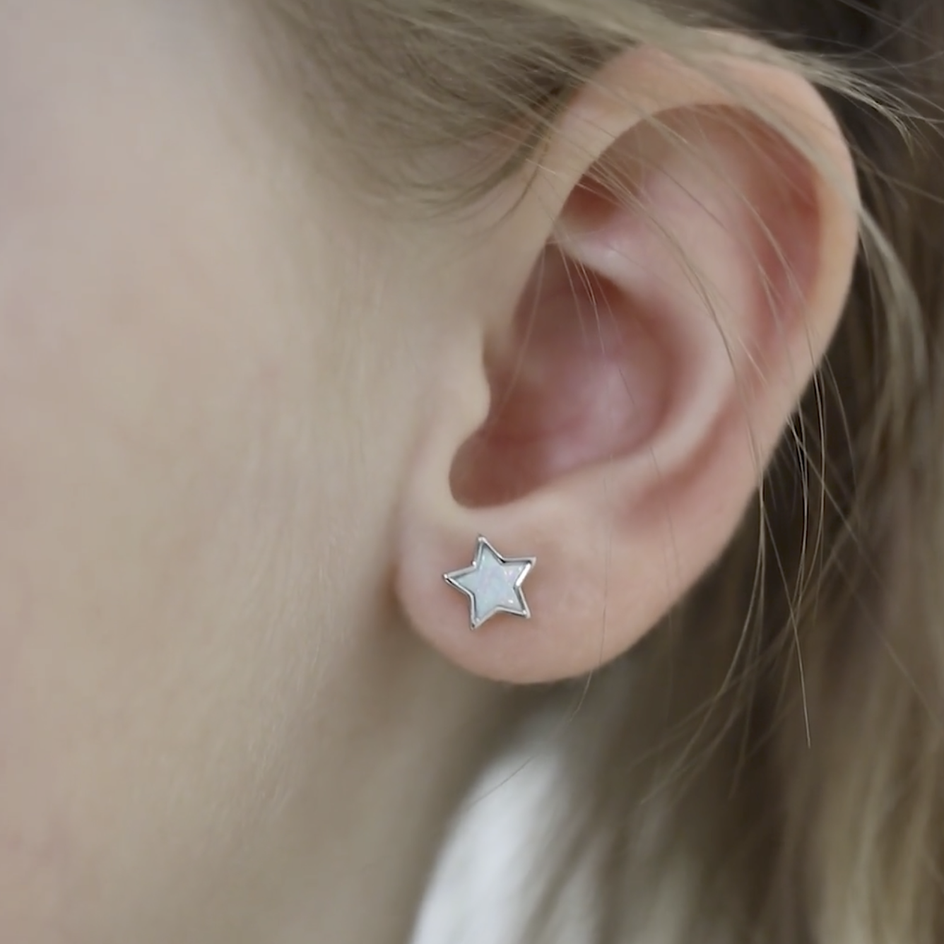 thumbnail video image 2 of Sparkle Star White Opal Kids / Childrens Earrings Screw Back - Sterling Silver, 2 of 7