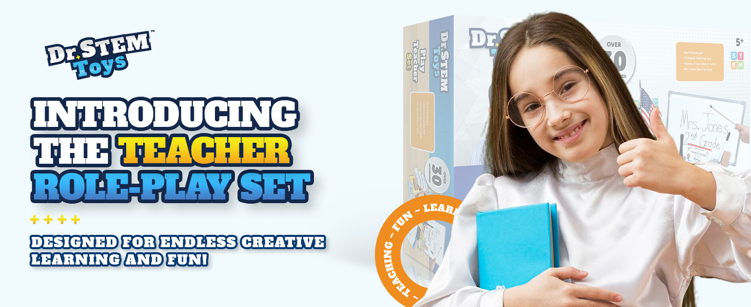 thumbnail video image 2 of Dr. STEM: Play Teacher Set - School & Classroom Roleplay, White Board-Bell-Report Cards-Map, Certificate of Completion, Education-Learning, Kids 5+, 2 of 10