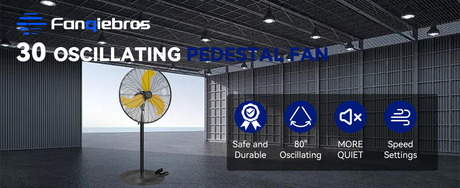 thumbnail video image 2 of Pro 9500 CFM 30" Pedestal Oscillating Fan,3 Speed Heavy Duty Metal Standing Fan, High Velocity Air Circulator with Caster for Commercial, Warehouse, Patio, Shop, Garage, Barn - UL Listed, 2 of 8