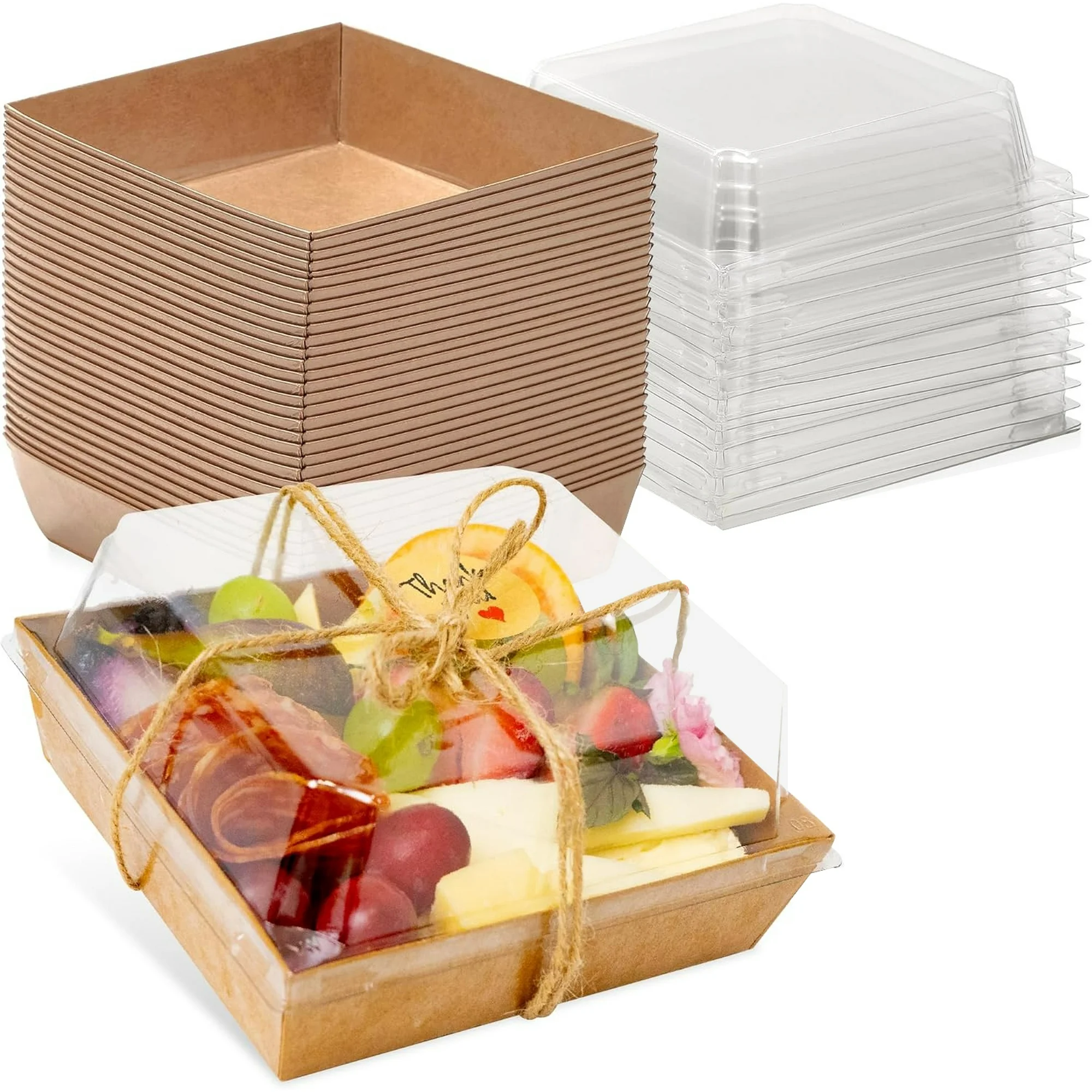 thumbnail video image 2 of 50 Pack Small Charcuterie Boxes with Clear Lids - To Go Paper Mini Charcuterie Box, Disposable Food Containers, 5 Inch Dessert Boxes (Brown), 2 of 8