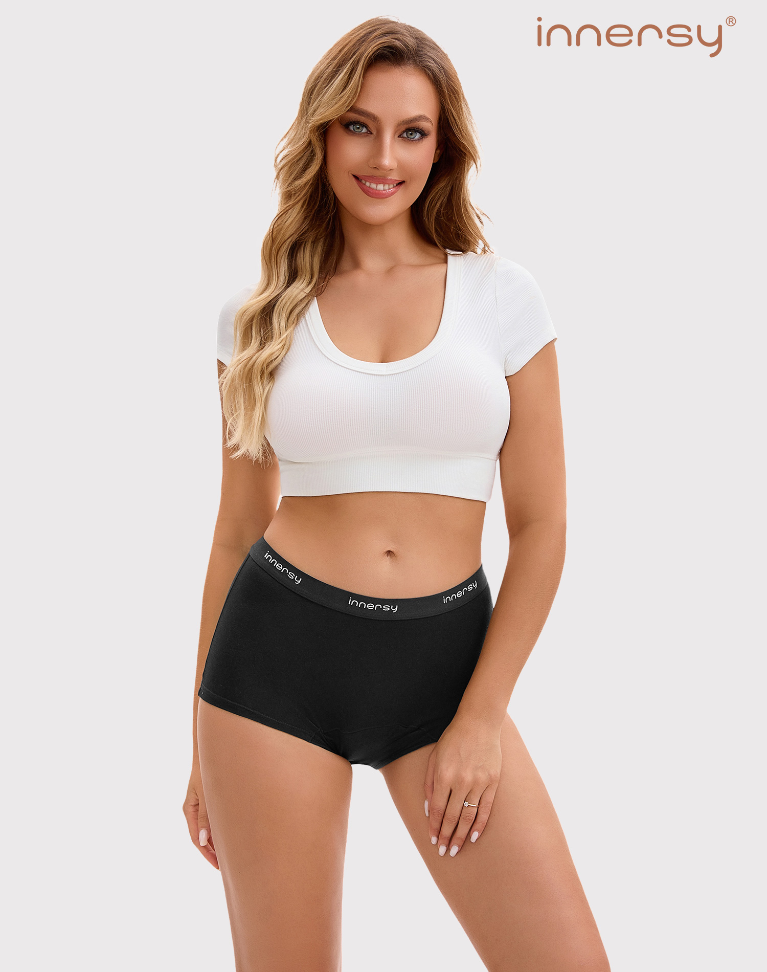 thumbnail video image 2 of INNERSY Cotton Period Boyshort for Women Leakproof Underwear Mid Rise Menstrual Boxers 3-Pack(L,Purple Brown), 2 of 9