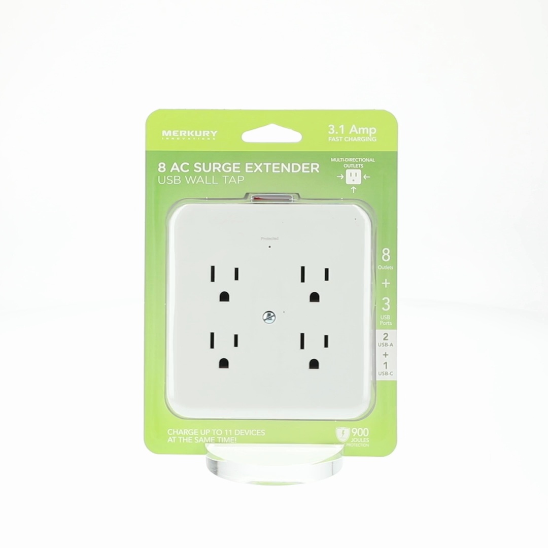Merkury Innovations 8-Outlet Surge Protector USB Wall Tap, 2 USB-A