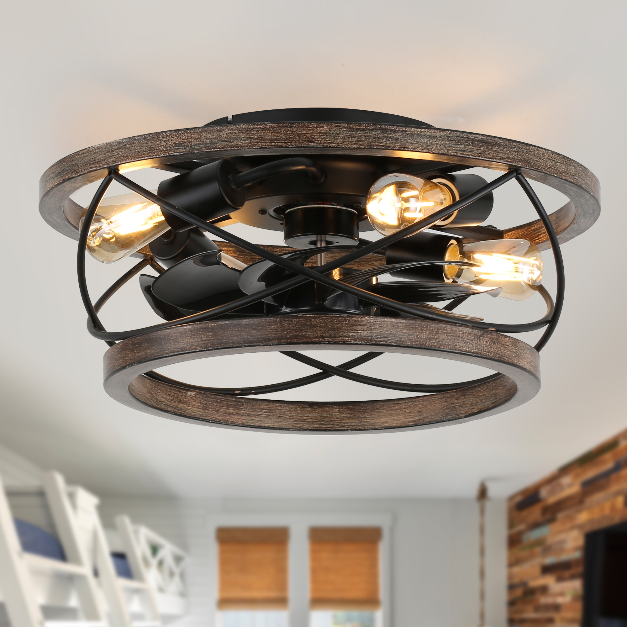 thumbnail video image 2 of 18" Rustic Wood Caged Ceiling Fan with Light and Remote Control, Farmhouse 3-Speed Reversible Flush Mount Ceiling Fan, 2 of 9