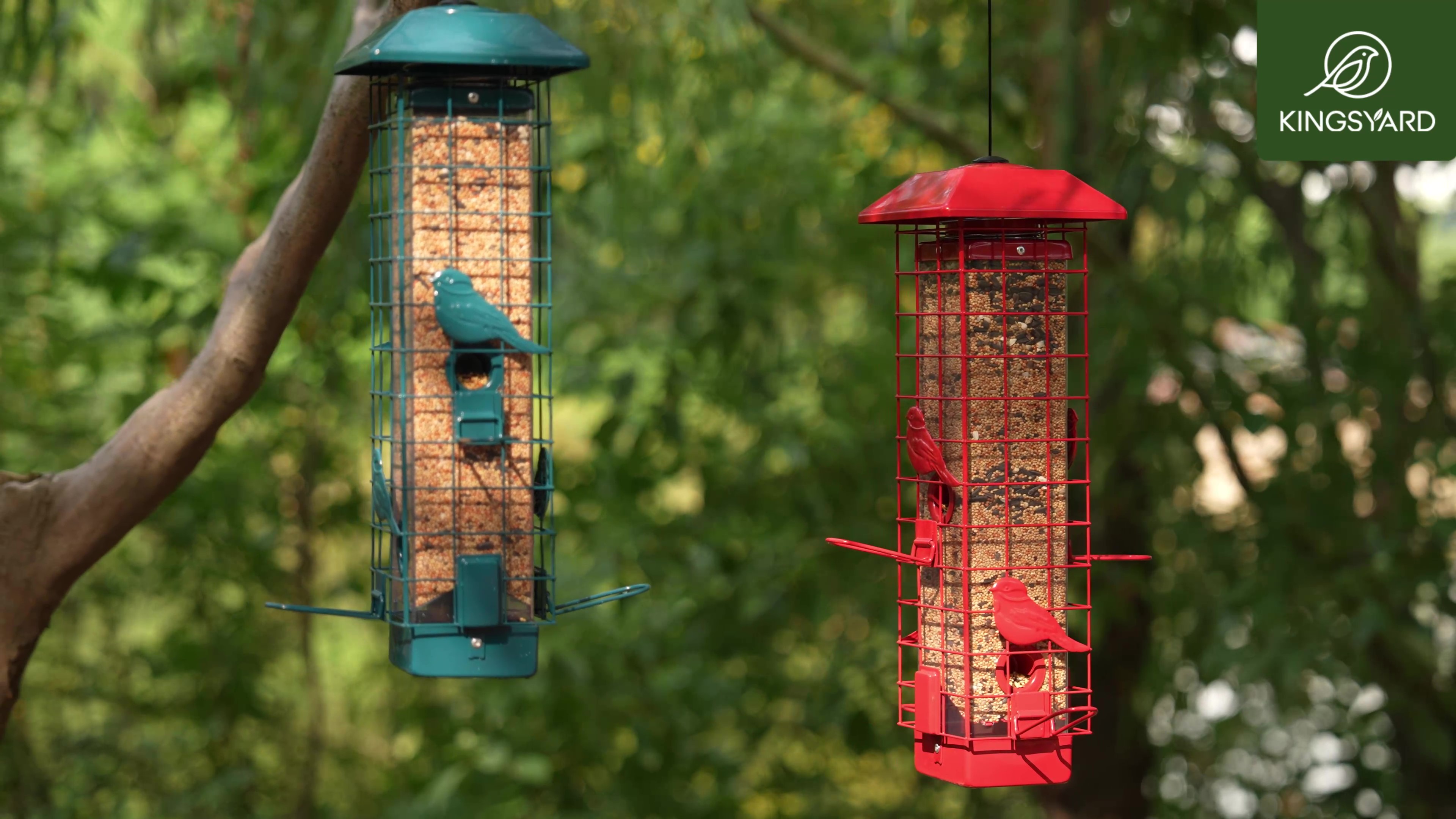 thumbnail video image 2 of Kingsyard Squirrel Proof Bird Feeder for Outdoor Hanging, Metal Tube, 3 lbs Capacity, 4 Ports, Red, 2 of 14