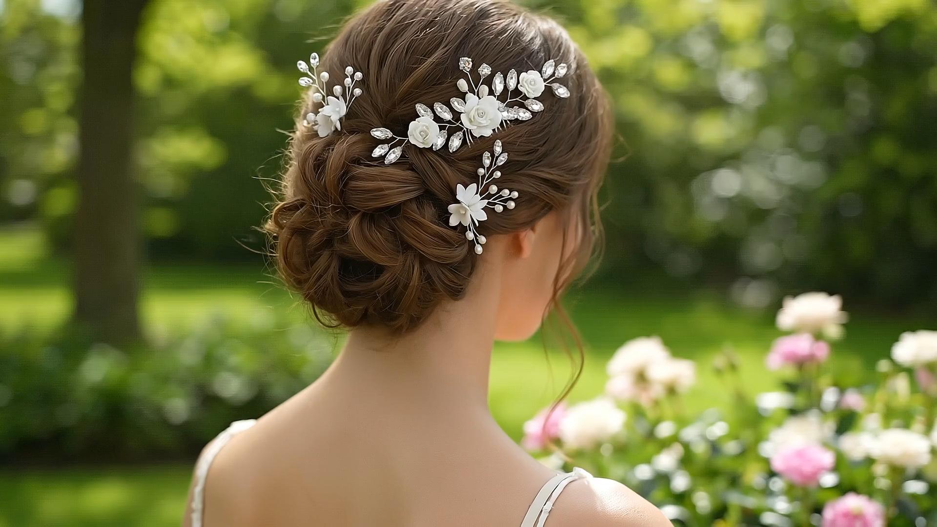 thumbnail video image 2 of Miallo White Floral Hair Side Comb with 3 U-Pins, Silver Rhinestone Hair Forks for Communion, Prom & Party Hair Styling Kit, 2 of 9