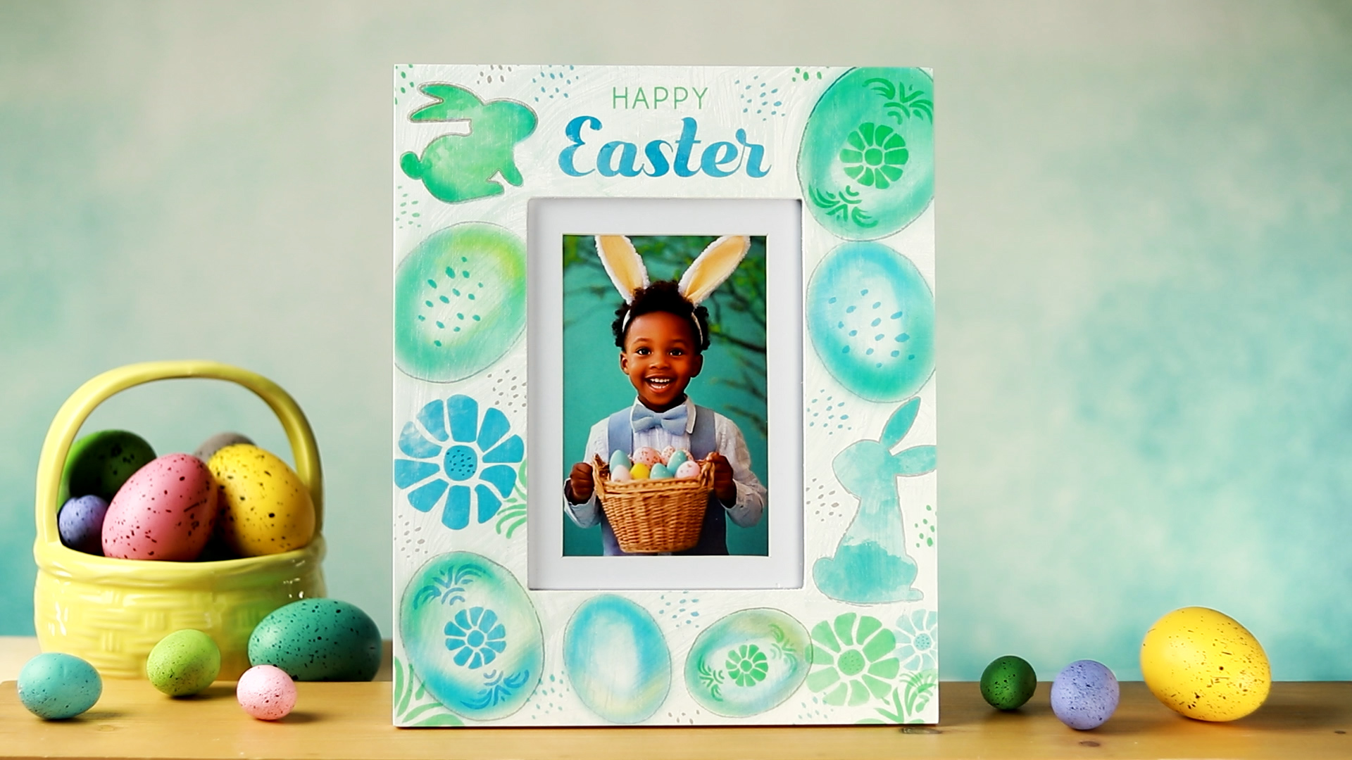 Happy Easter Picture Frame - Wood Frame With Flowers & Eggs, Holds 4x6 Or 5x7 Photo, Tabletop Or Wall Display