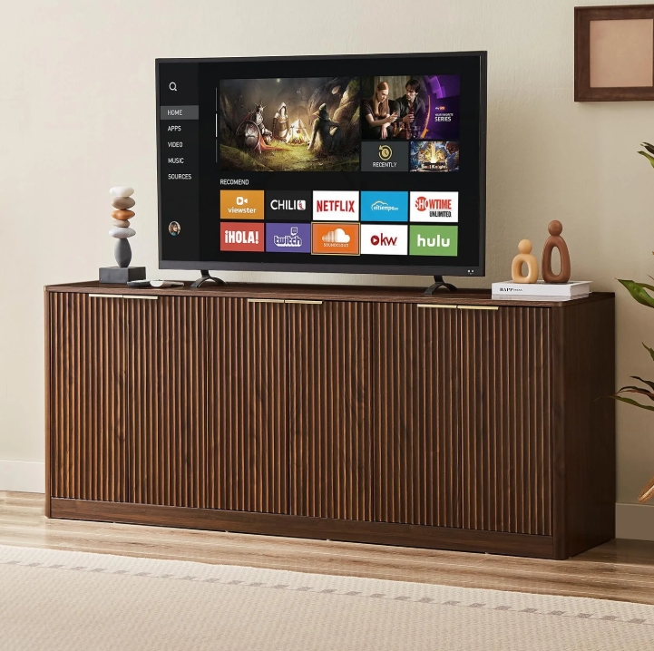 thumbnail video image 2 of 67" Modern Fluted Sideboard - 6-Door Mid-Century Storage Credenza for Living Room, Kitchen Dining Room Walnut, 2 of 11