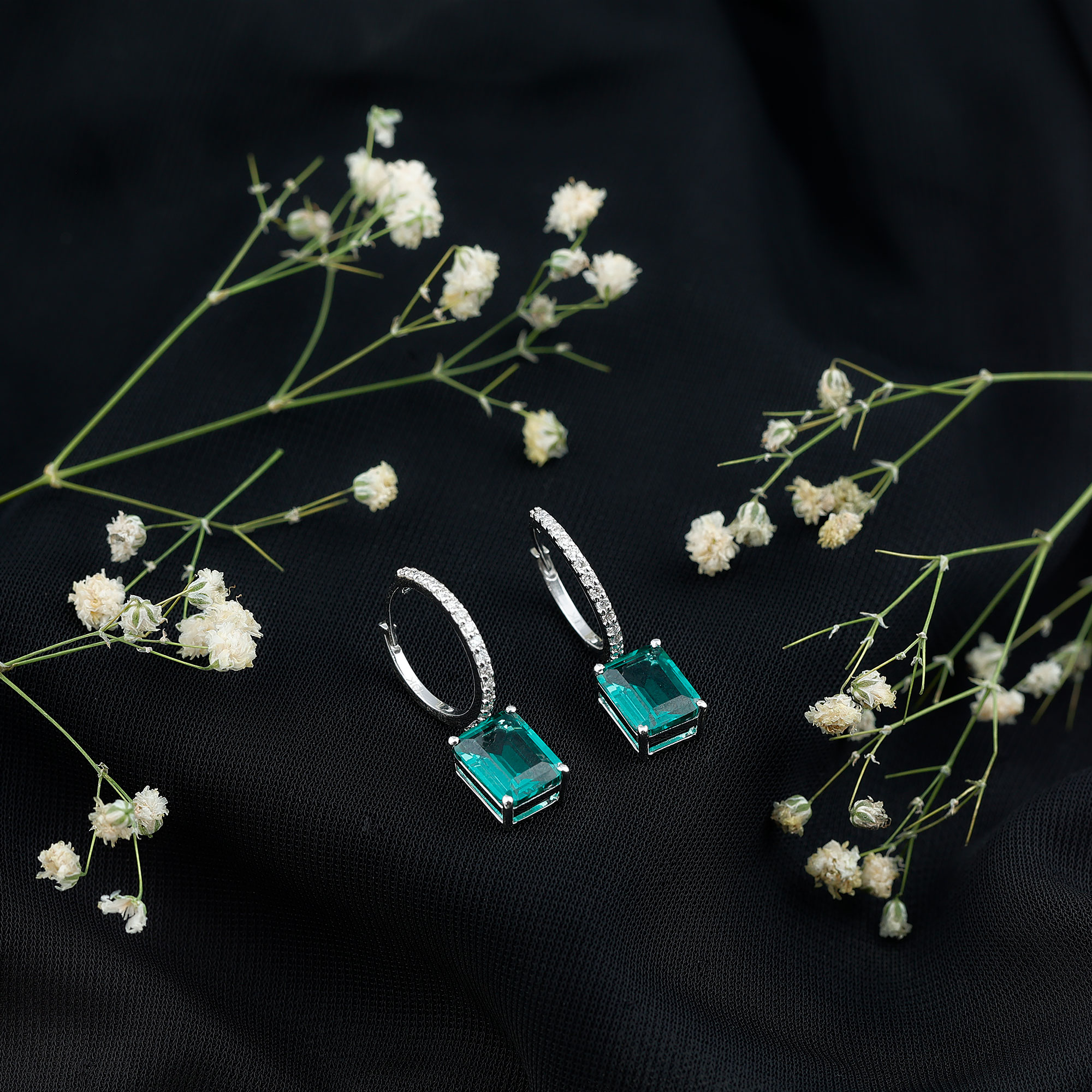 thumbnail video image 2 of Rosec Jewels Lab Created Emerald Drop Earrings with Diamond for Women (7X9 mm, AAAA Quality), 14K White Gold, 2 of 8