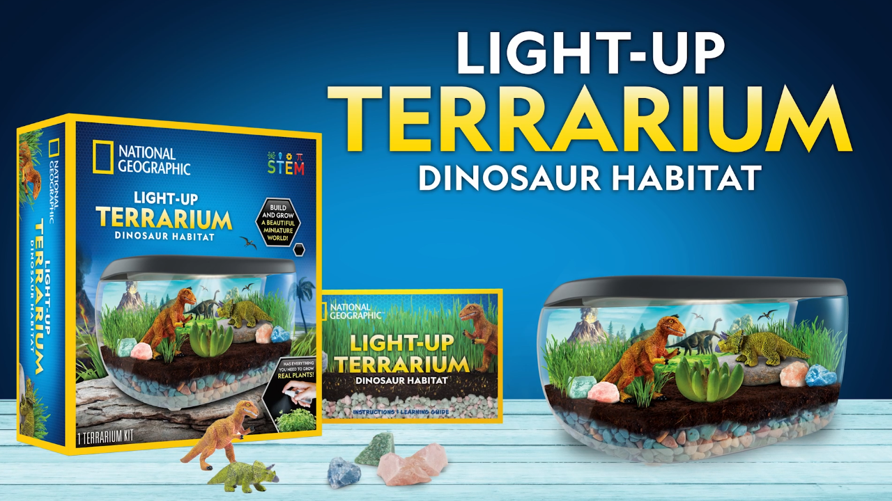 thumbnail video image 2 of NATIONAL GEOGRAPHIC Light Up Dinosaur Terrarium Kit for Kids with Real Plants, Fossils & More, for Unisex Children (Age Group: 6 to 12 years), 2 of 8