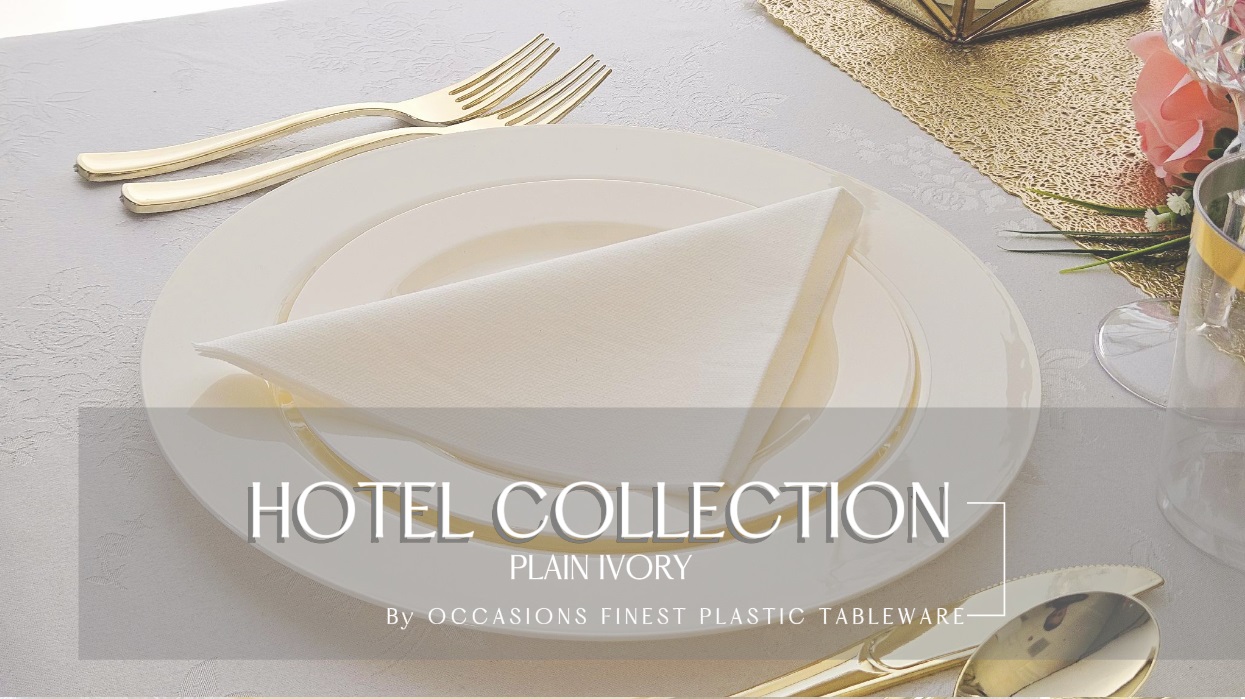 thumbnail video image 2 of " OCCASIONS " 960pcs set (120 Guests)-Heavyweight Wedding Party Disposable Plastic Plate Set -120 x 10.5'' +120 x 7.5'' + Silverware + Cups +linen like paper Napkins (Plain Ivory), 2 of 8