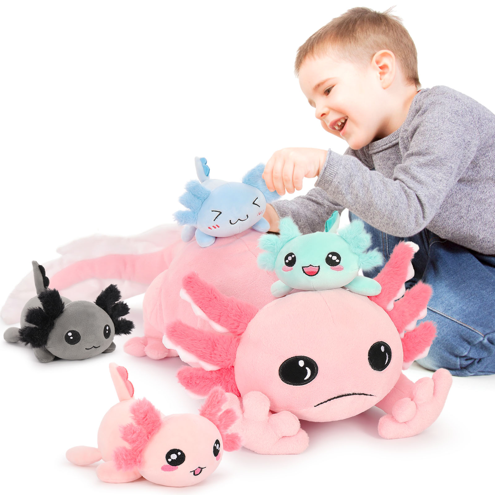 thumbnail video image 2 of MaoGoLan 31.89" Giant Glow in the Dark Axolotl Stuffed Animals with 4 Babies Inside Large Axolotl Plush Toy, 2 of 10