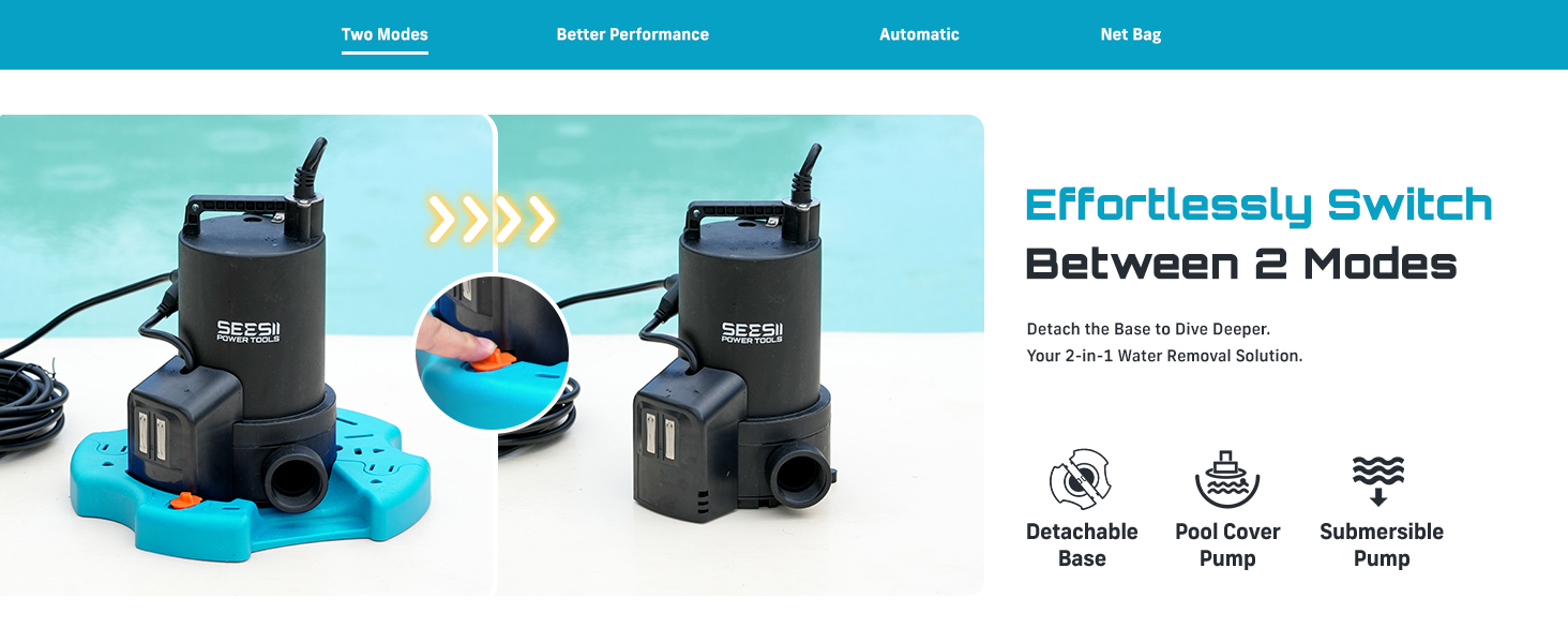 thumbnail video image 2 of SEESII 1/3HP Pool Cover Pump - Automatic On/Off, 3035GPH Submersible Water Pump with Filter Net, 25ft Power Cord, Check Valve, Sump Pump, 2 of 10