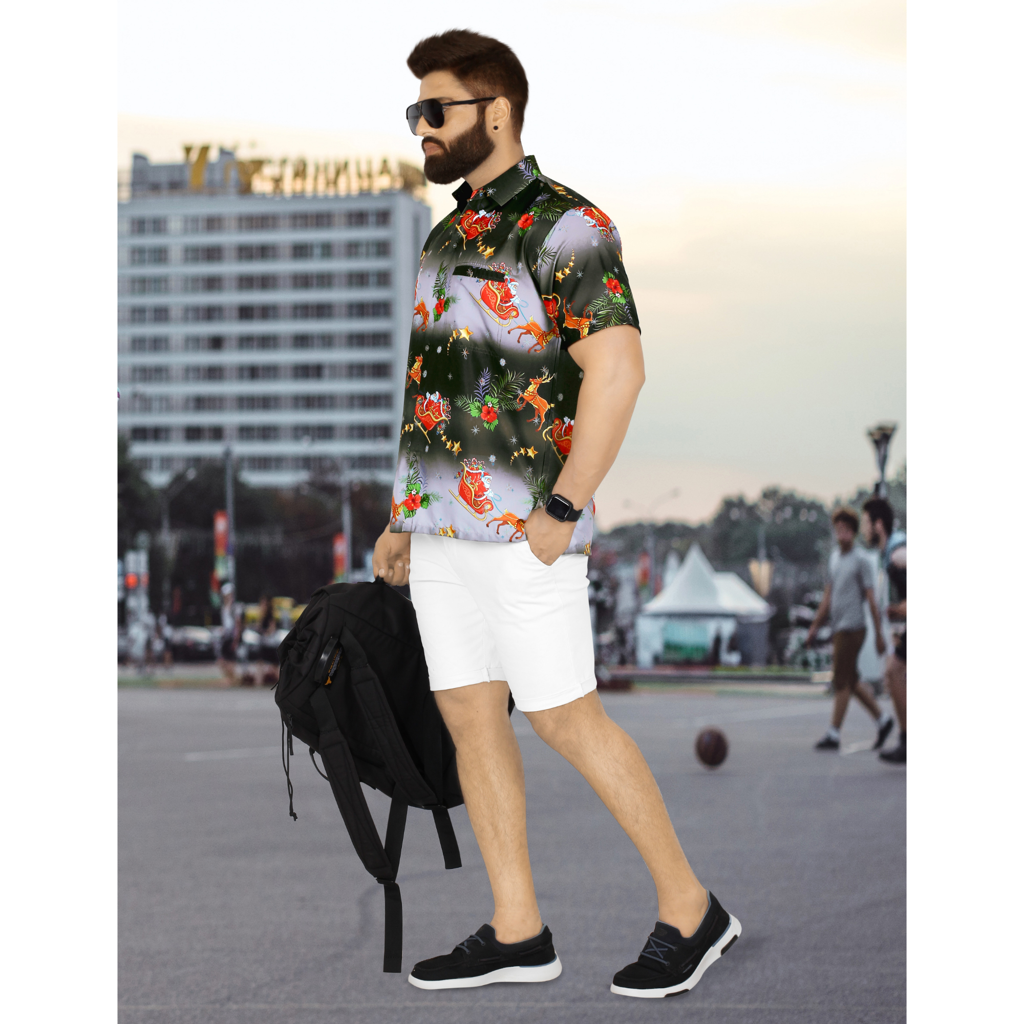 thumbnail video image 2 of HAPPY BAY Men's Beach Short Sleeve Christmas Tree Party Dress Shirt Holiday Funny Hawaiian Santa Gifts Shirts for Men XXL Santa Reindeer Sleigh, Black, 2 of 7