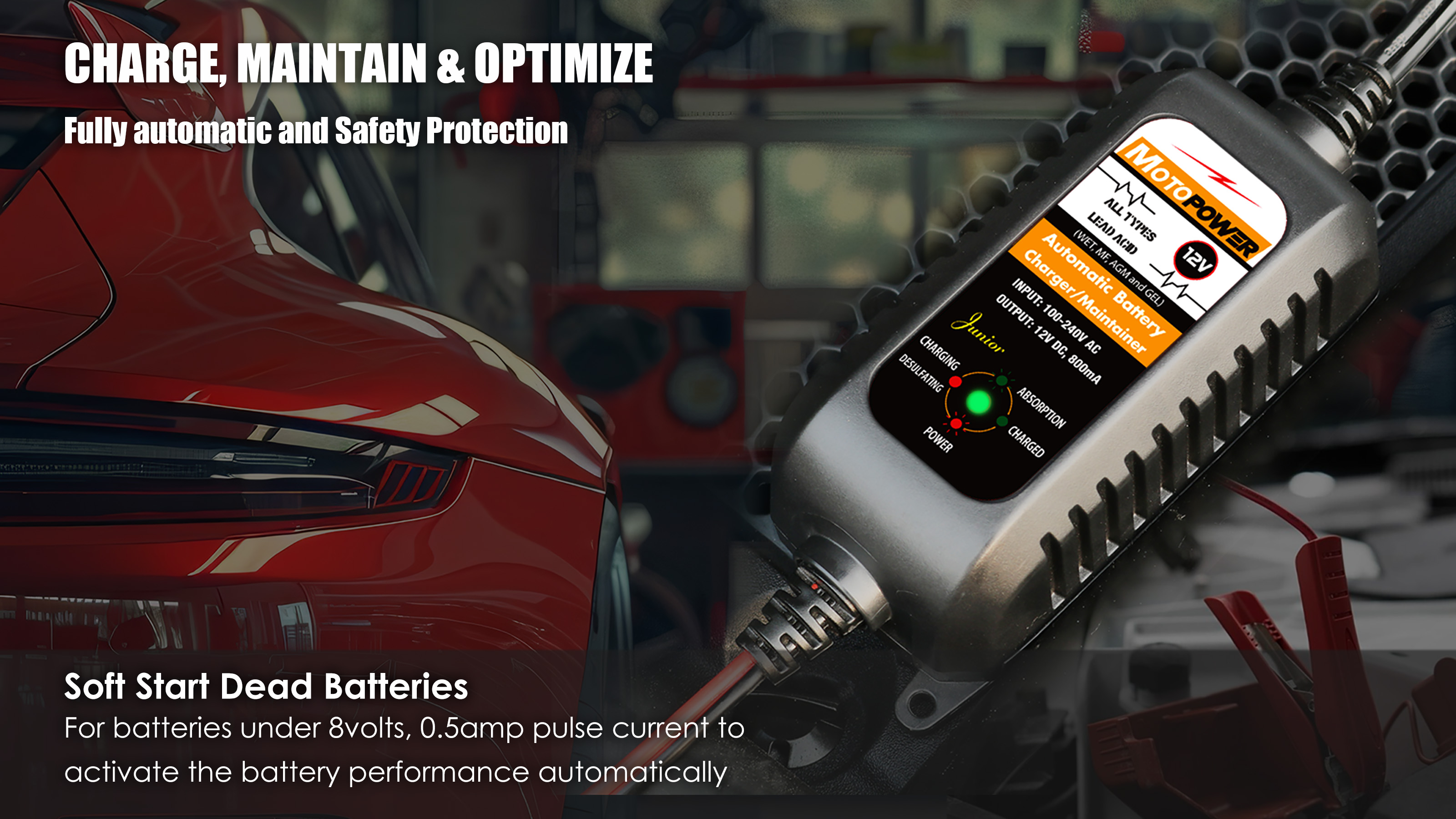 thumbnail video image 2 of MOTOPOWER 12V 800mA Fully Automatic Battery Charger Battery Maintainer Trickle Charger, 2 of 14