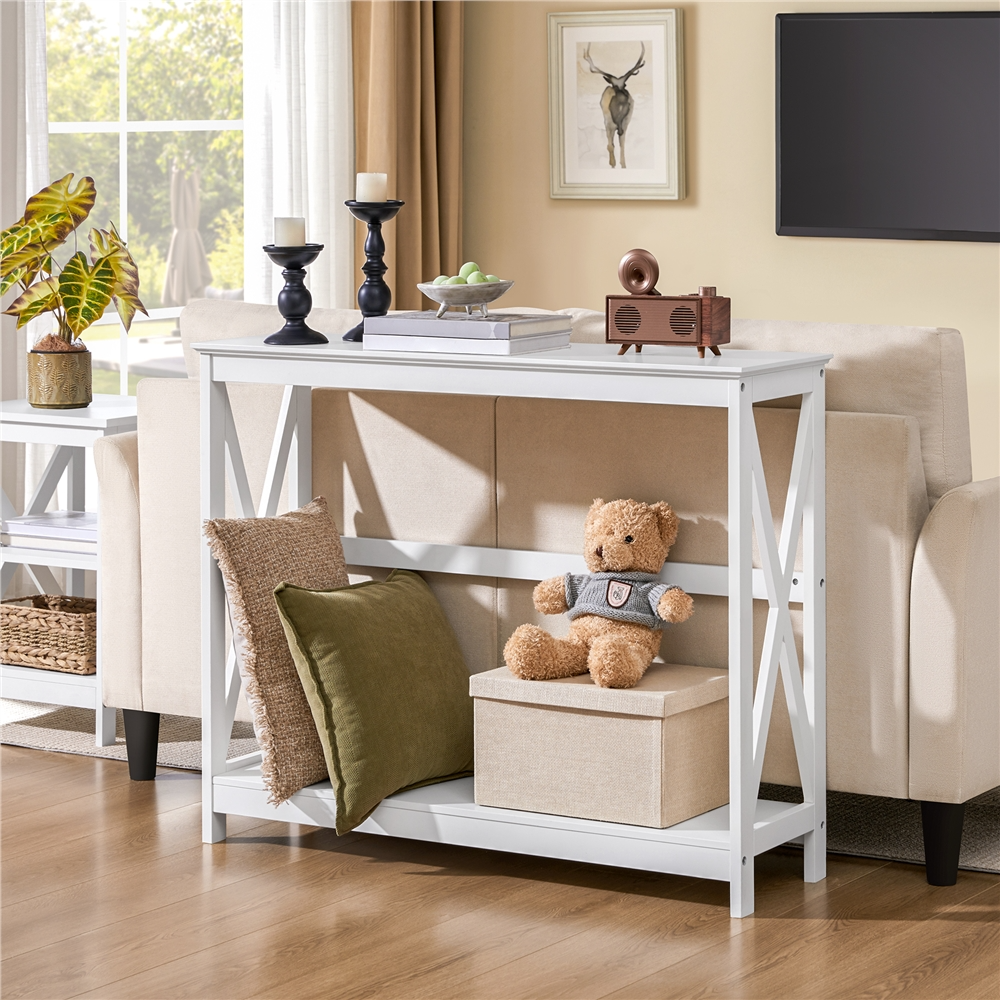 thumbnail video image 2 of Alden Design 2-Tier X Design Wood Console Table with Shelf for Entryway Living Room, White, 2 of 11