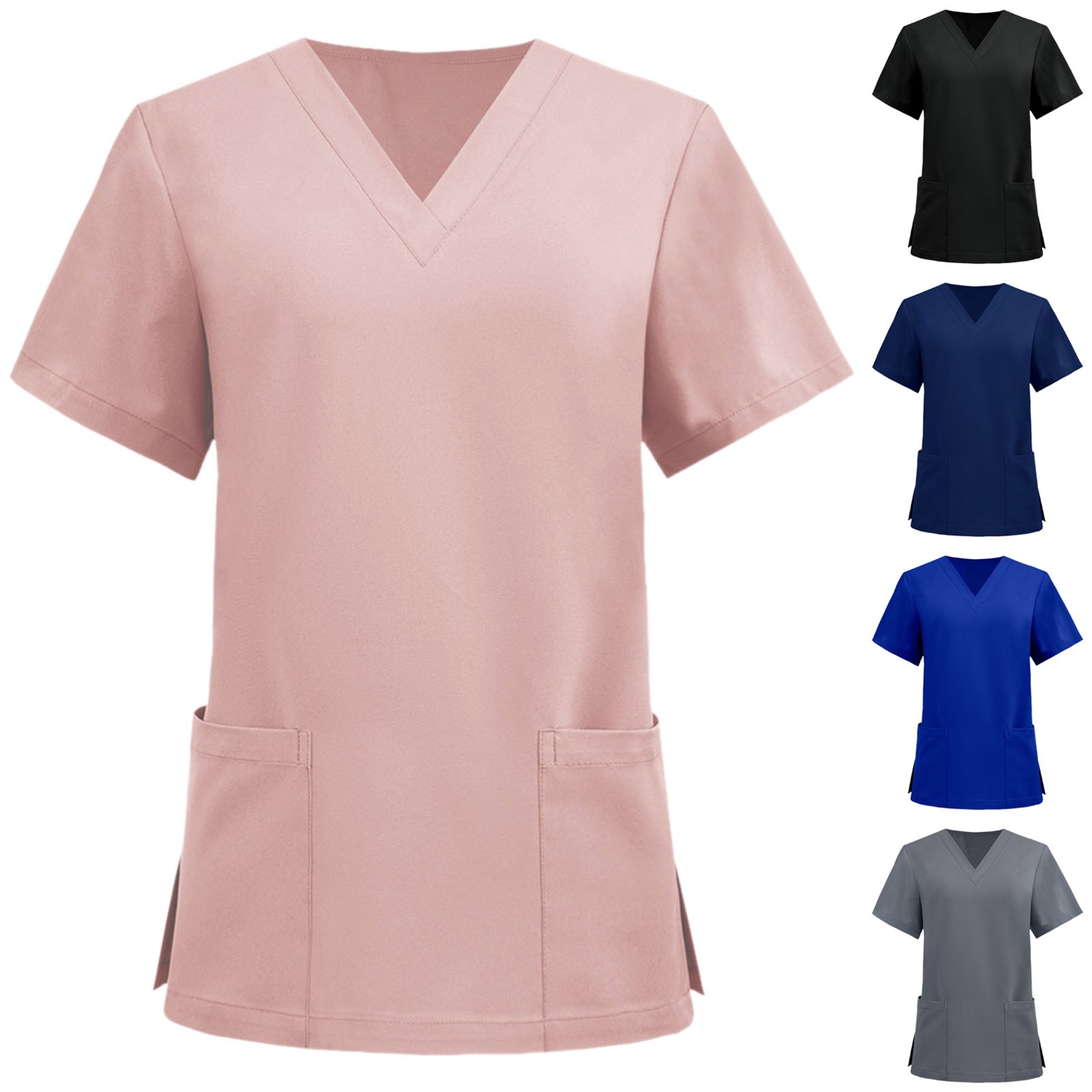 thumbnail video image 2 of HCNTES Womens Scrub Tops Summer Casual Solid Color Short Sleeve V Neck Nurse Uniform Work Blouse Loose Workout Pullover Shirt(Pink,S), 2 of 7