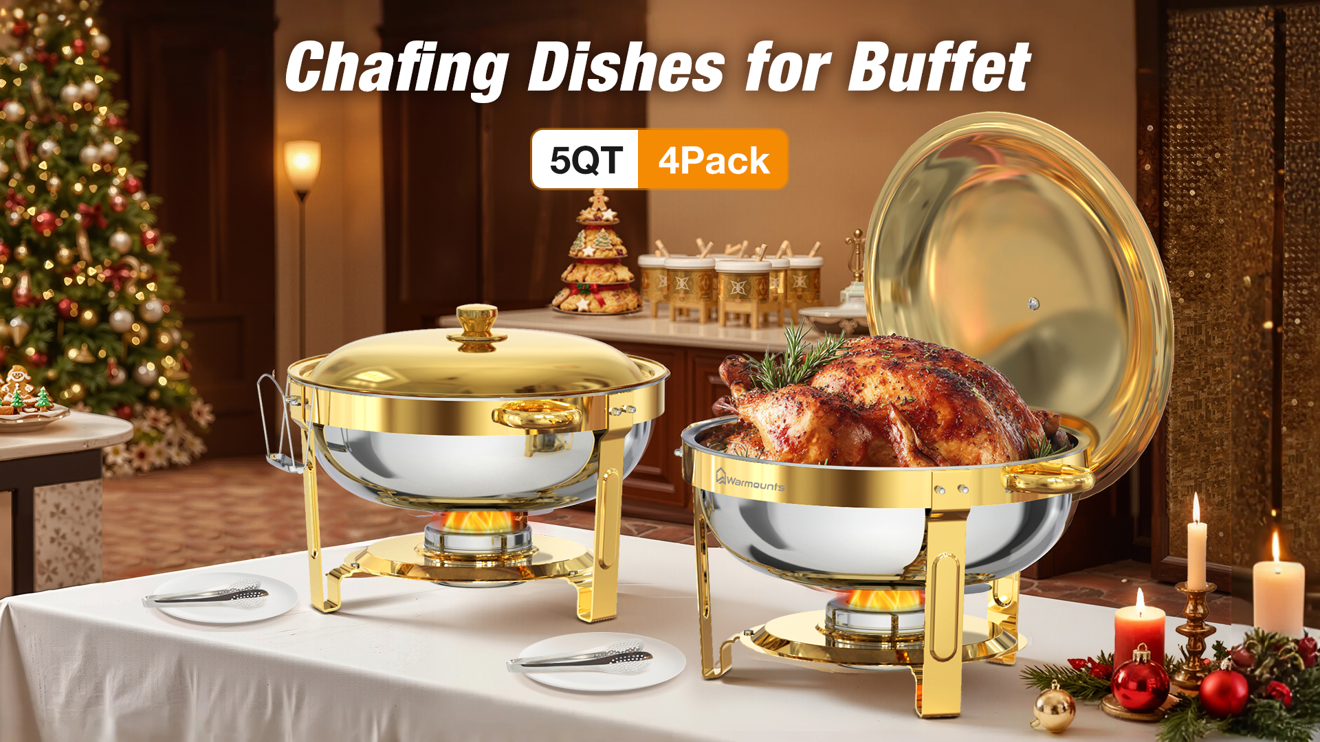 thumbnail video image 2 of WARMOUNTS Gold Chafing Dishes for Buffet 4 Pack, Stainless Steel Chafing Dish Buffet Set 5QT, Round Chafing Dishes with Lid & Holder, Mirror-Polished No Finger Cuts for Party Catering Events Wedding, 2 of 11