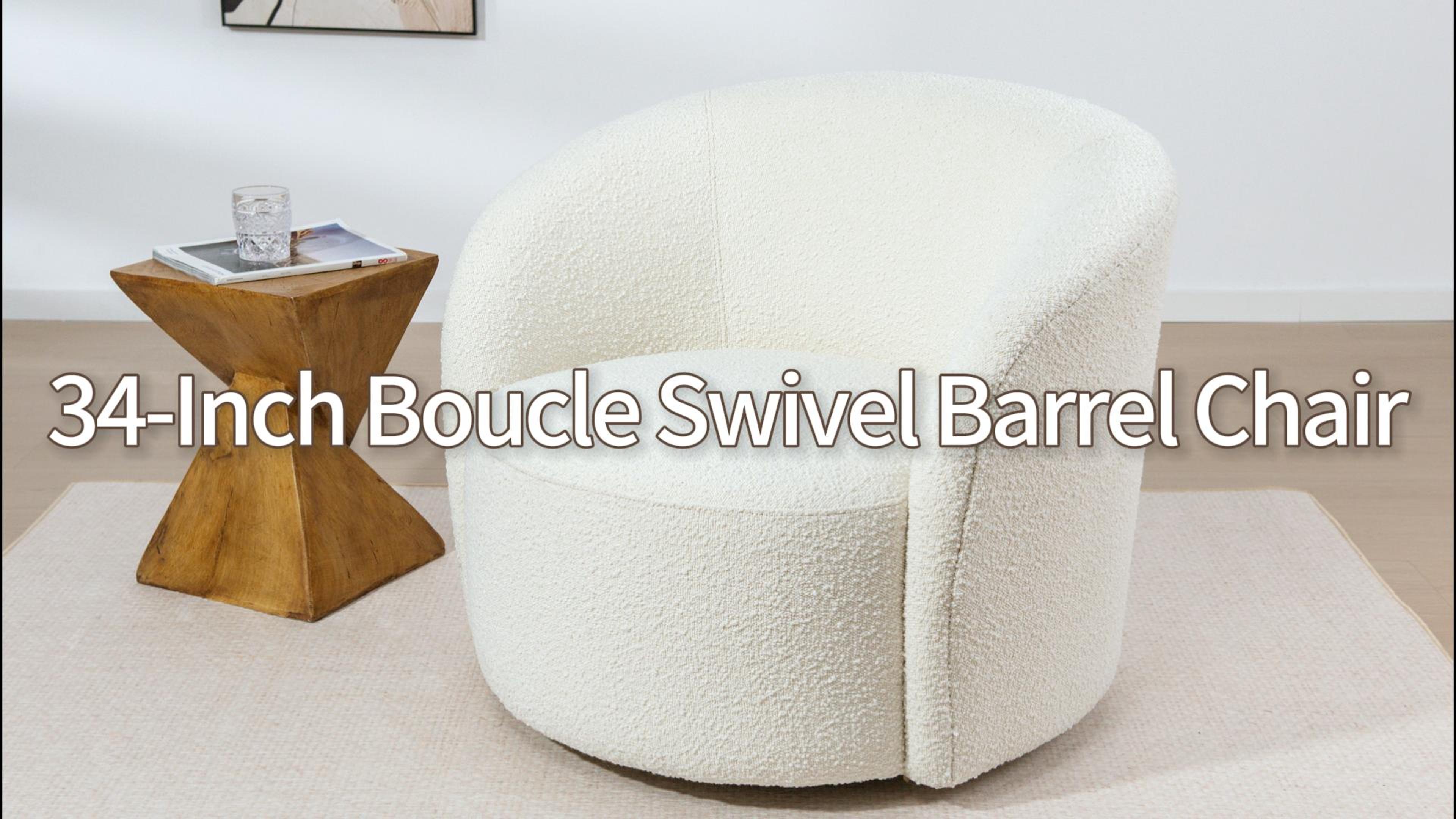 thumbnail video image 2 of 34" W Mid Century Modern Swivel Barrel Chair, Round Upholstered Boucle Swivel Accent Chairs, No Assembly Sofa Chair for Living Room Bedroom Reading Apartment Lounge Nursery(Cream), 2 of 14