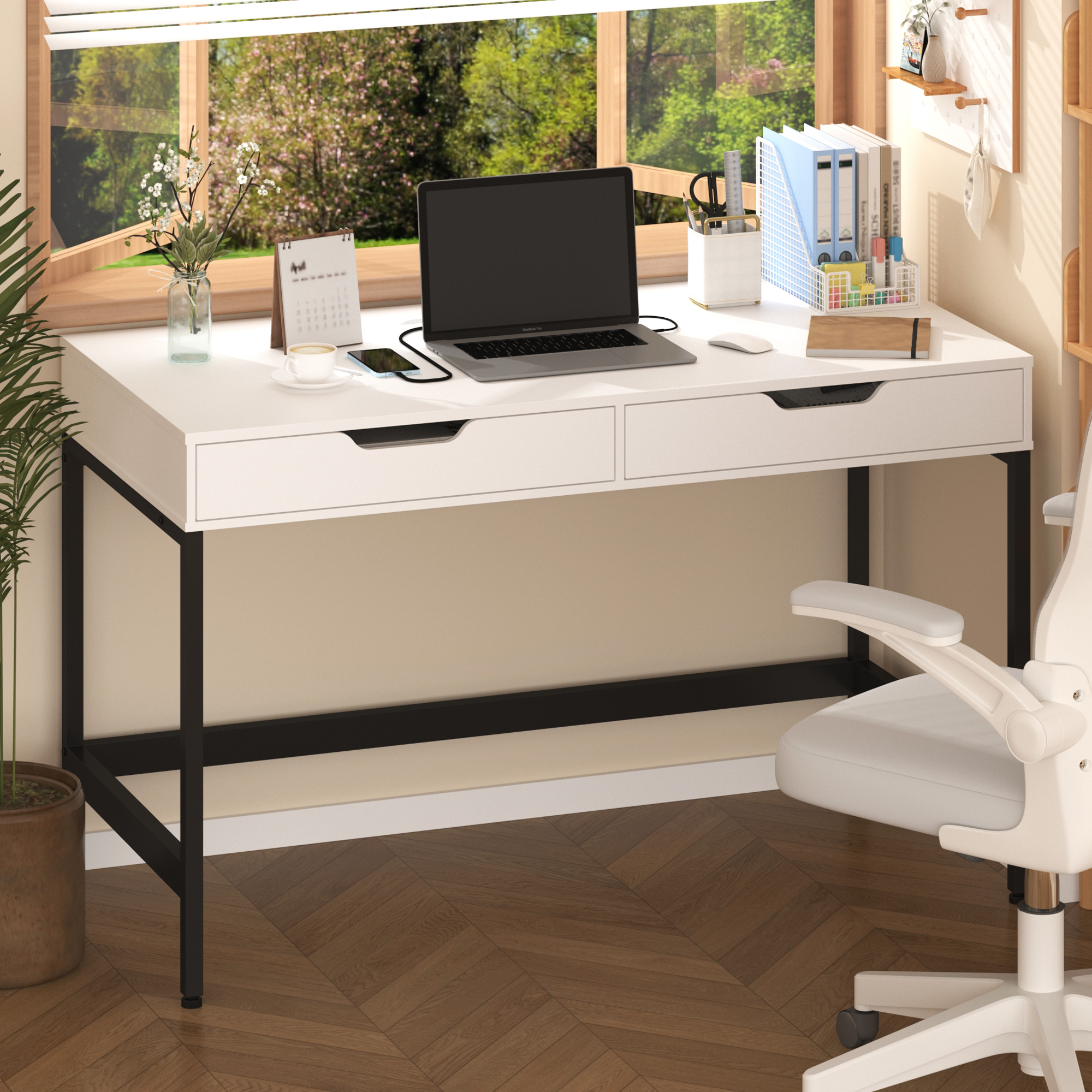 thumbnail video image 2 of NAIYUFA Computer Desk with Drawers,Home Office Gaming Desks with Hidden Storage,Study Writing Home Office Table for Small Spaces,White, 2 of 8