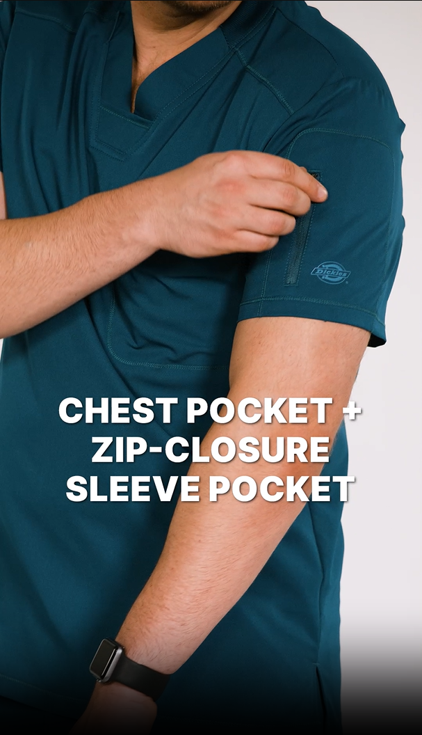 thumbnail video image 2 of Dickies Dynamix Scrubs for Men, Athletic-Inspired V-Neck Chest Pocket Scrub Top with Four-Way Stretch and Moisture Wicking DK610, L, Black, 2 of 9