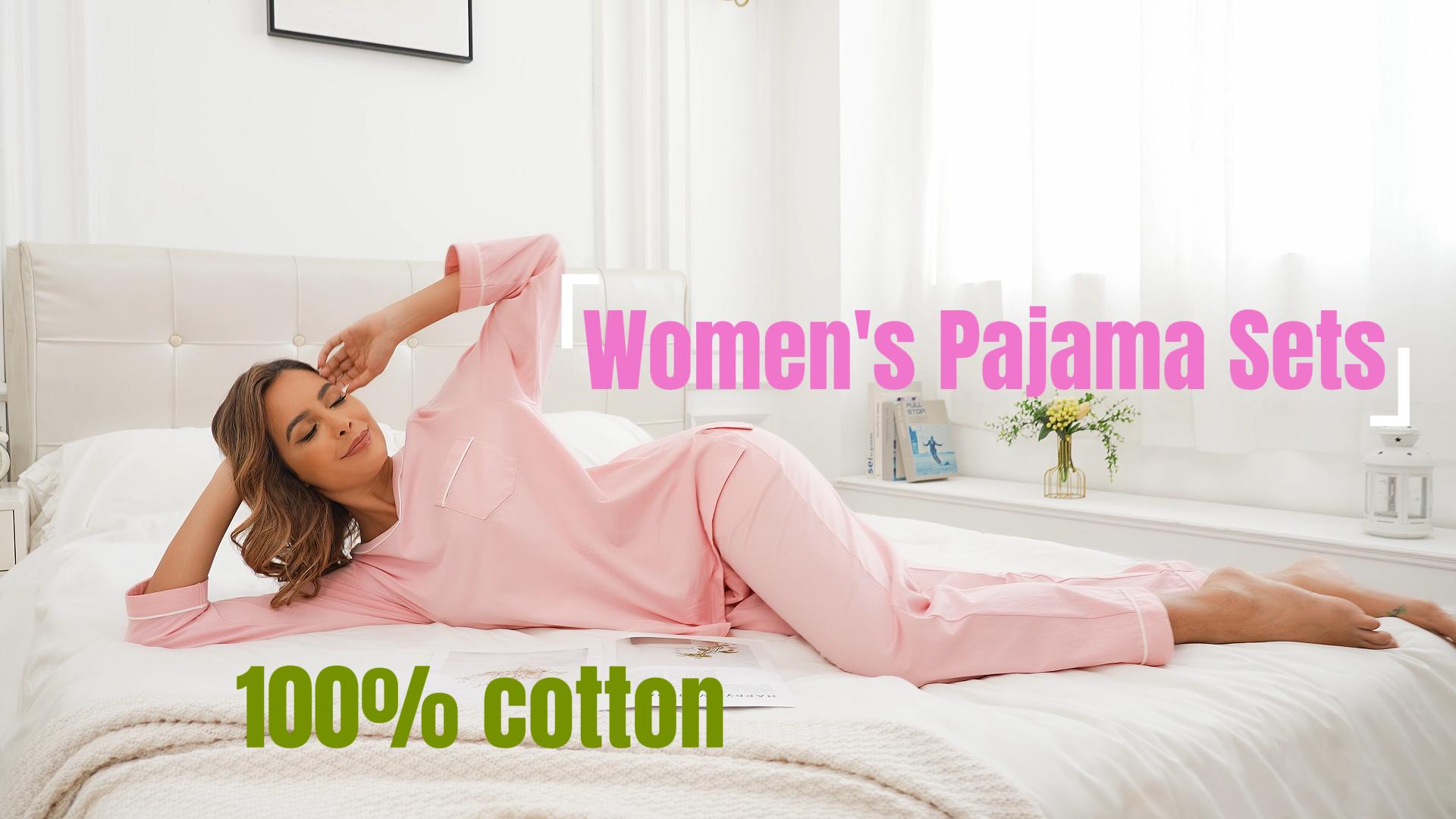 thumbnail video image 2 of ANLIQI Women's Pajama Sets 100% cotton Long Sleeve Shirt and Pants Sleepwear Nightwear Soft Pjs Lounge Sets(Pink, Large), 2 of 8