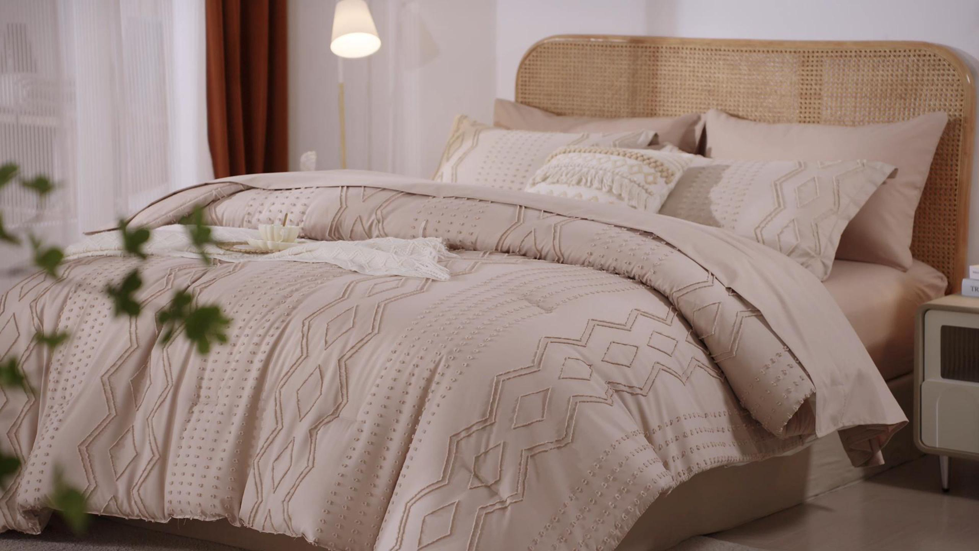 thumbnail video image 2 of Davulos Twin Size Comforter Set Taupe，5 Pieces Chic Bedding Sets Soft Bed in a Bag for All Seasons, 2 of 8